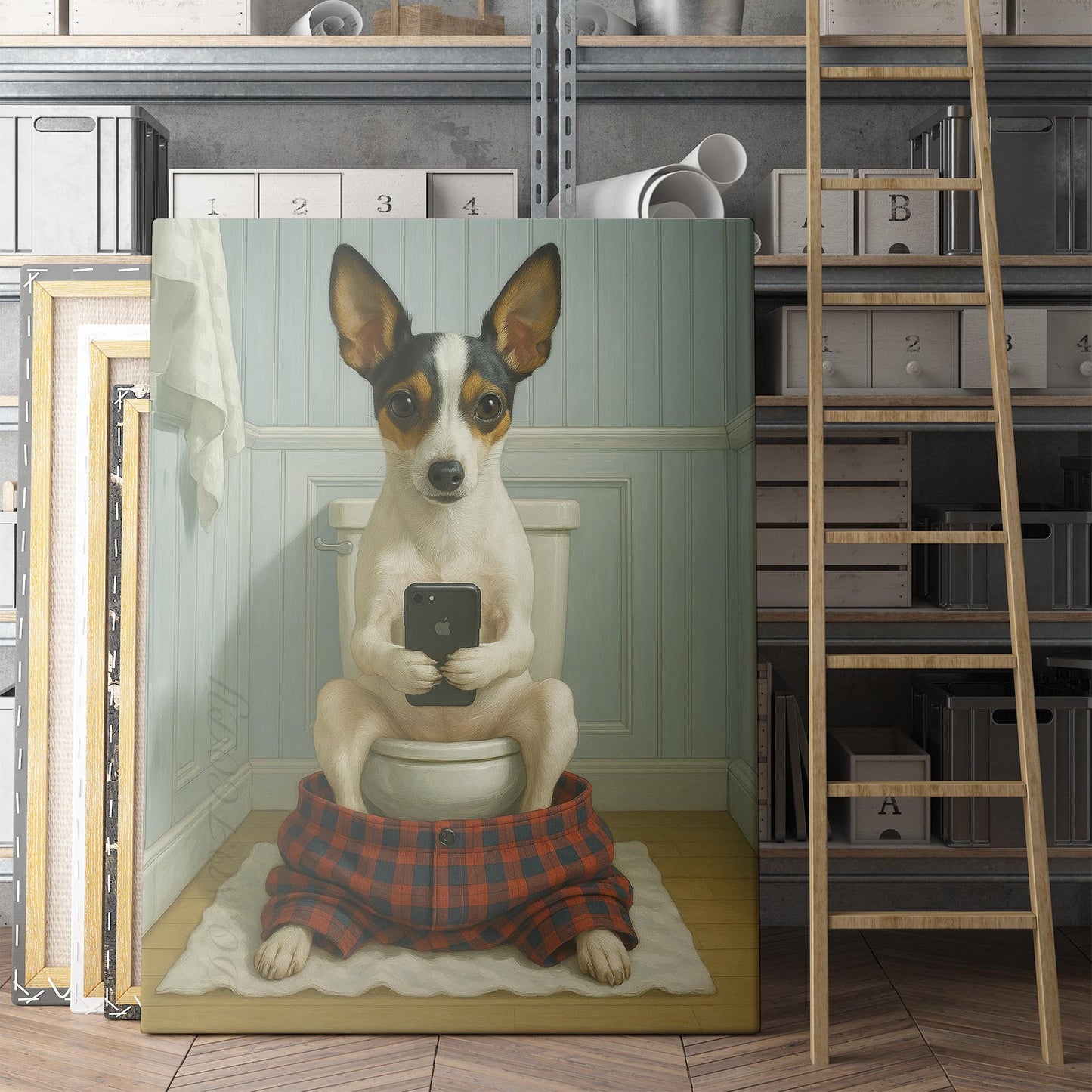 Toy Fox Terrier Dog On The Phone On The Toilet