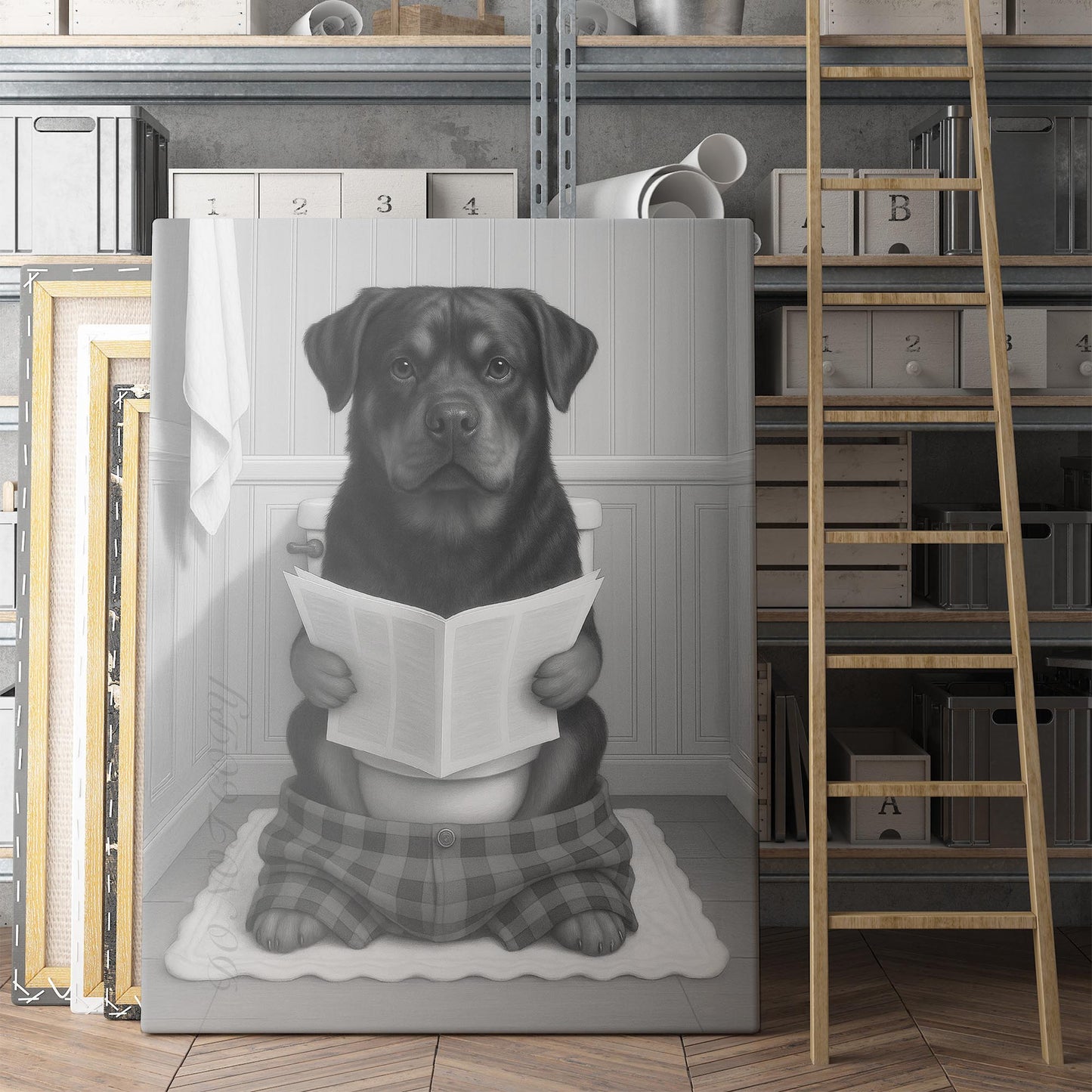 Rottweiler Dog Reading The Newspaper On The Toilet