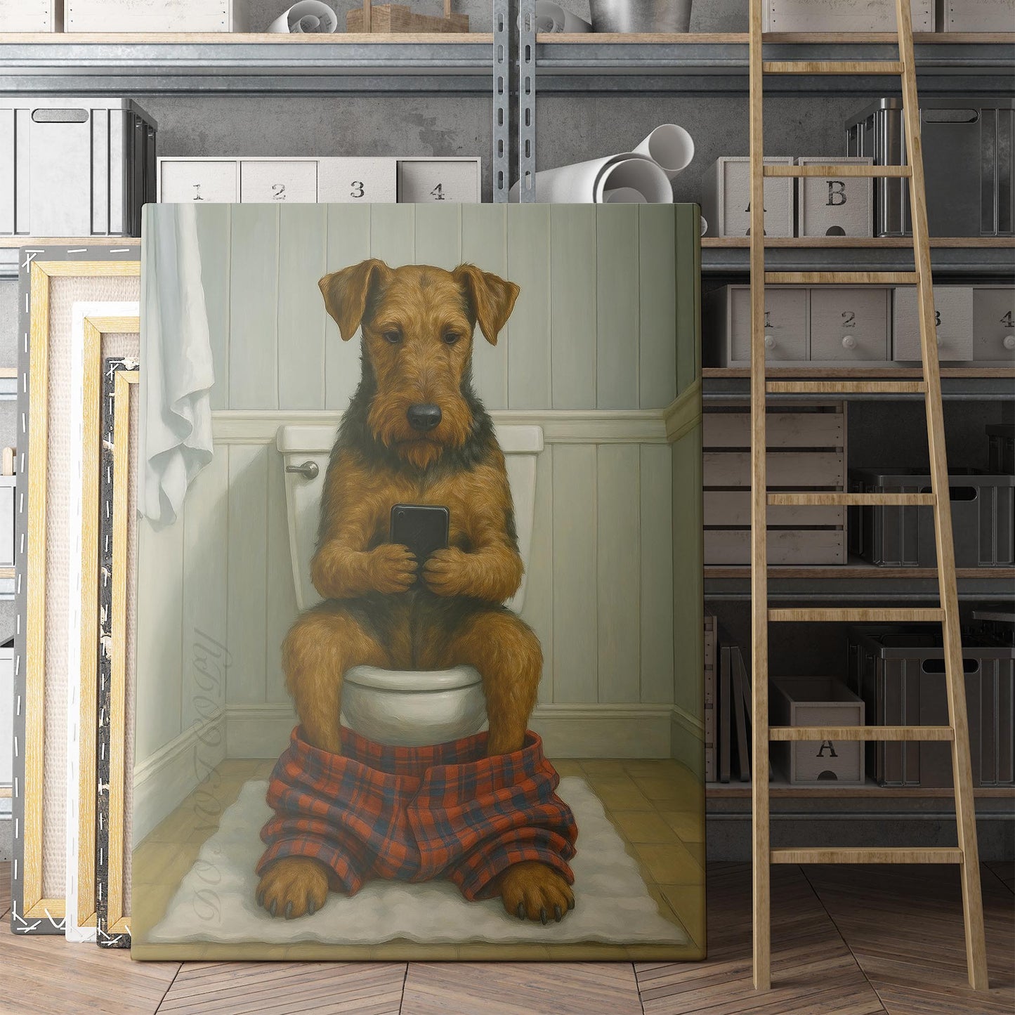 Airedale Terrier Dog On The Phone On The Toilet