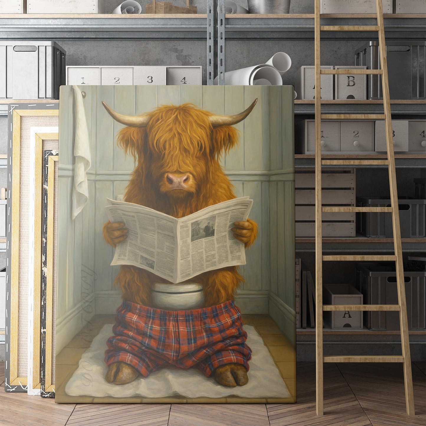 Highland Cow Reading The Newspaper On The Toilet