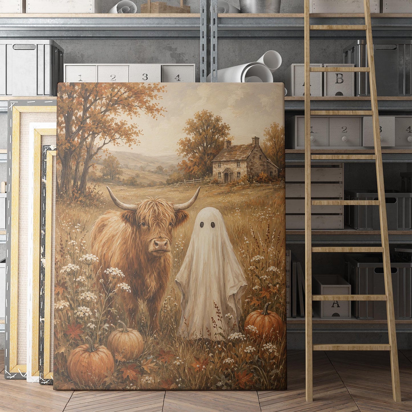 Highland Cow and Ghost in Autumn Meadow