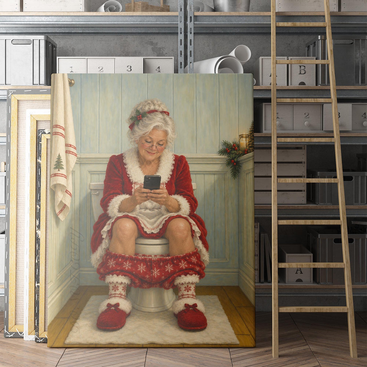 Mrs. Claus On The Phone On The Toilet