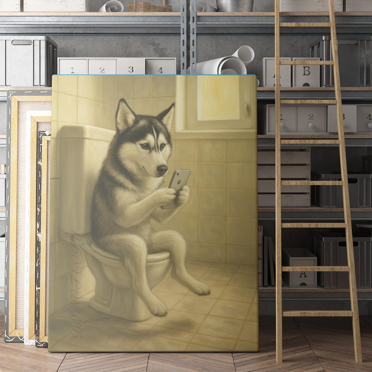 Siberian Husky Dog On The Phone On The Toilet