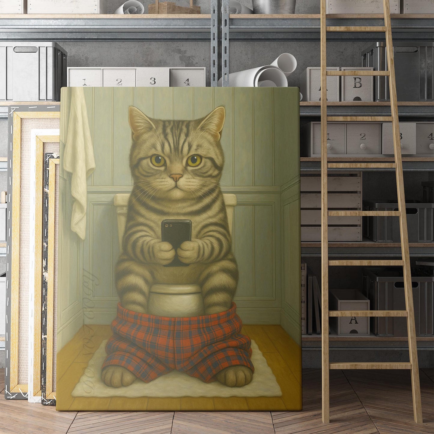 American Shorthair Cat On The Phone On The Toilet