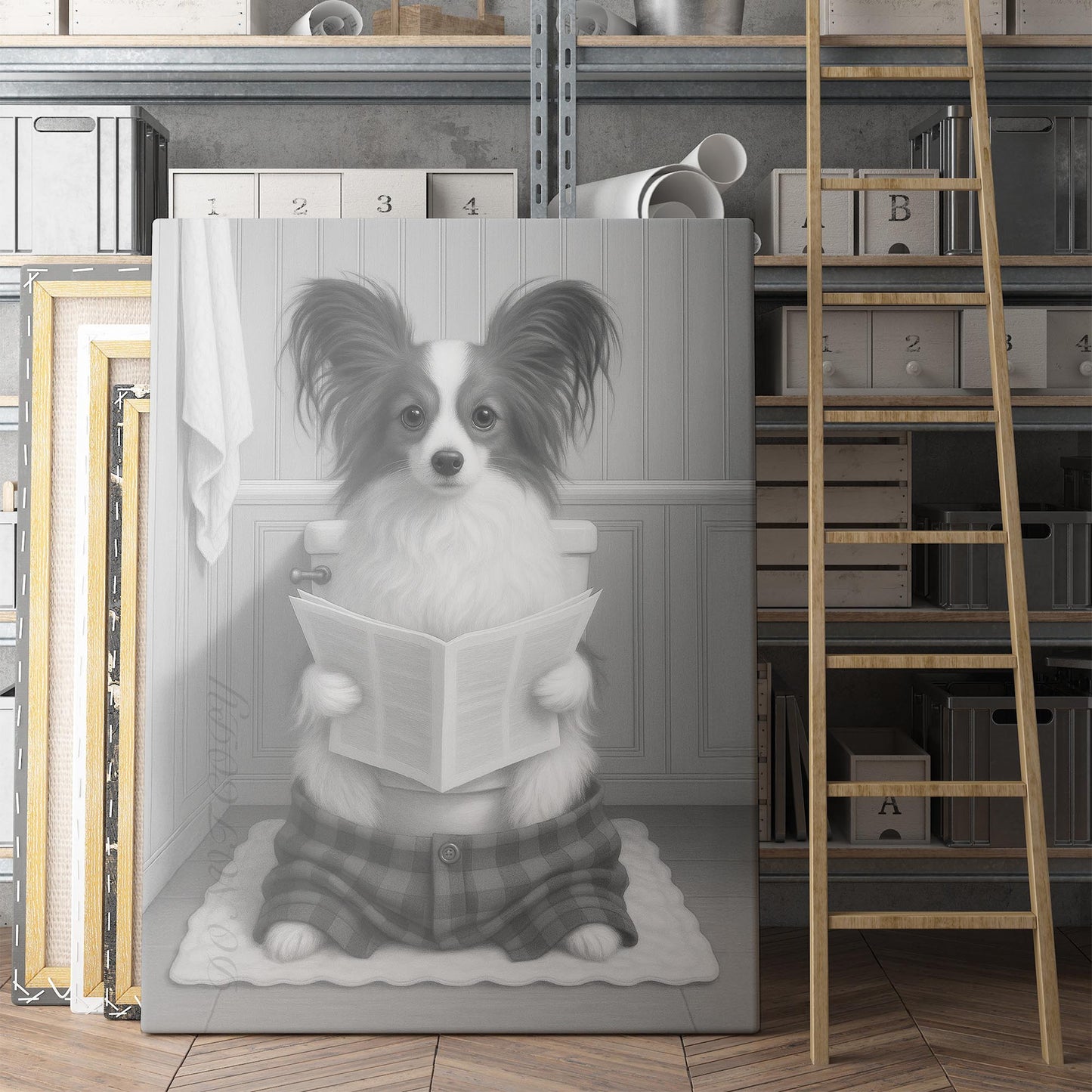 Papillon Dog Reading The Newspaper On The Toilet