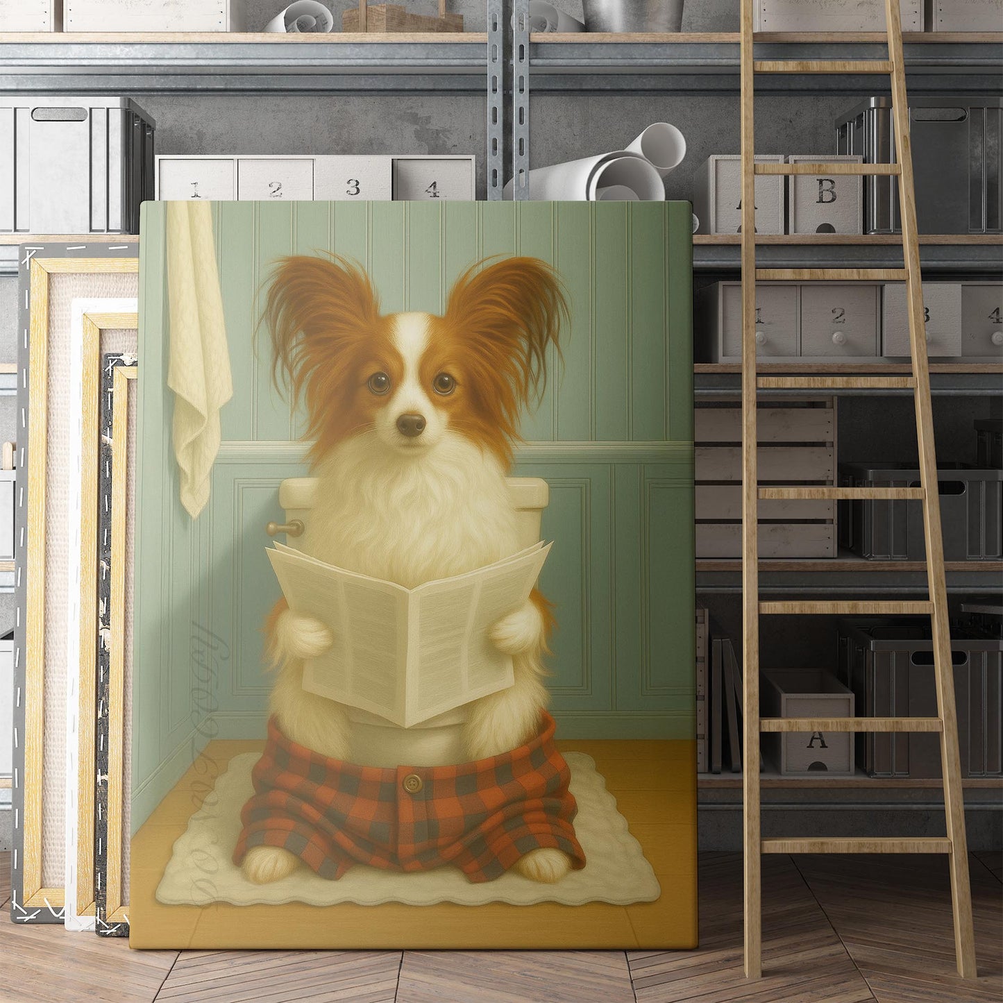 Papillon Dog Reading The Newspaper On The Toilet