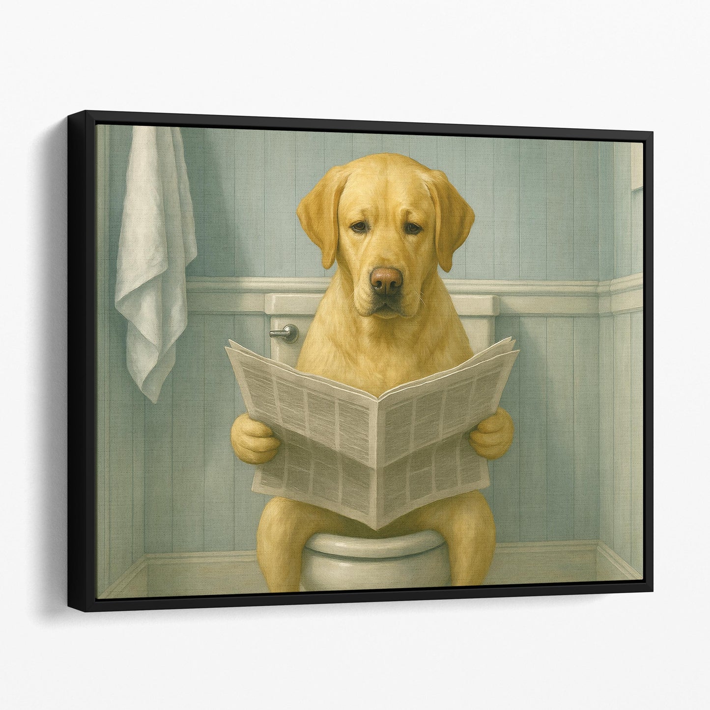 Yellow Labrador Retriever Reading The Newspaper On The Toilet