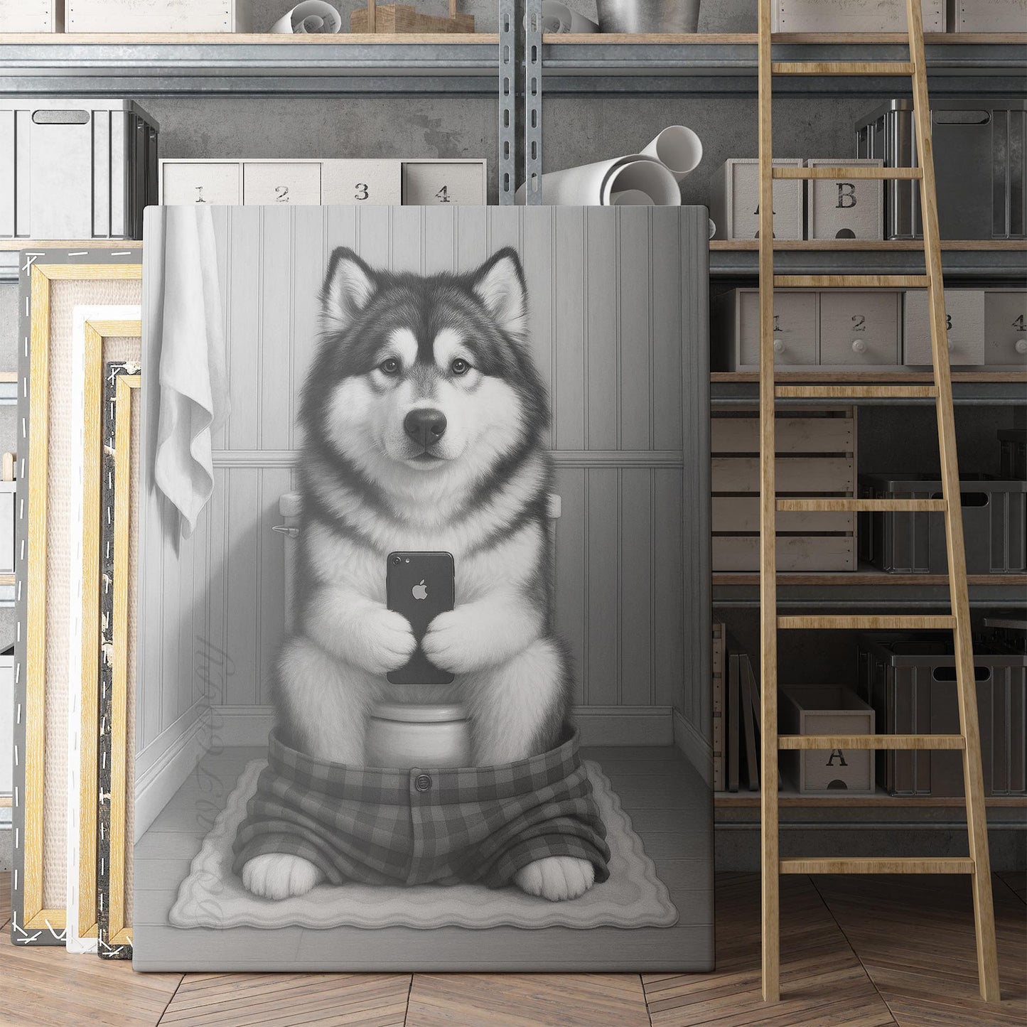 Alaskan Malamute Dog On The Phone On The Toilet