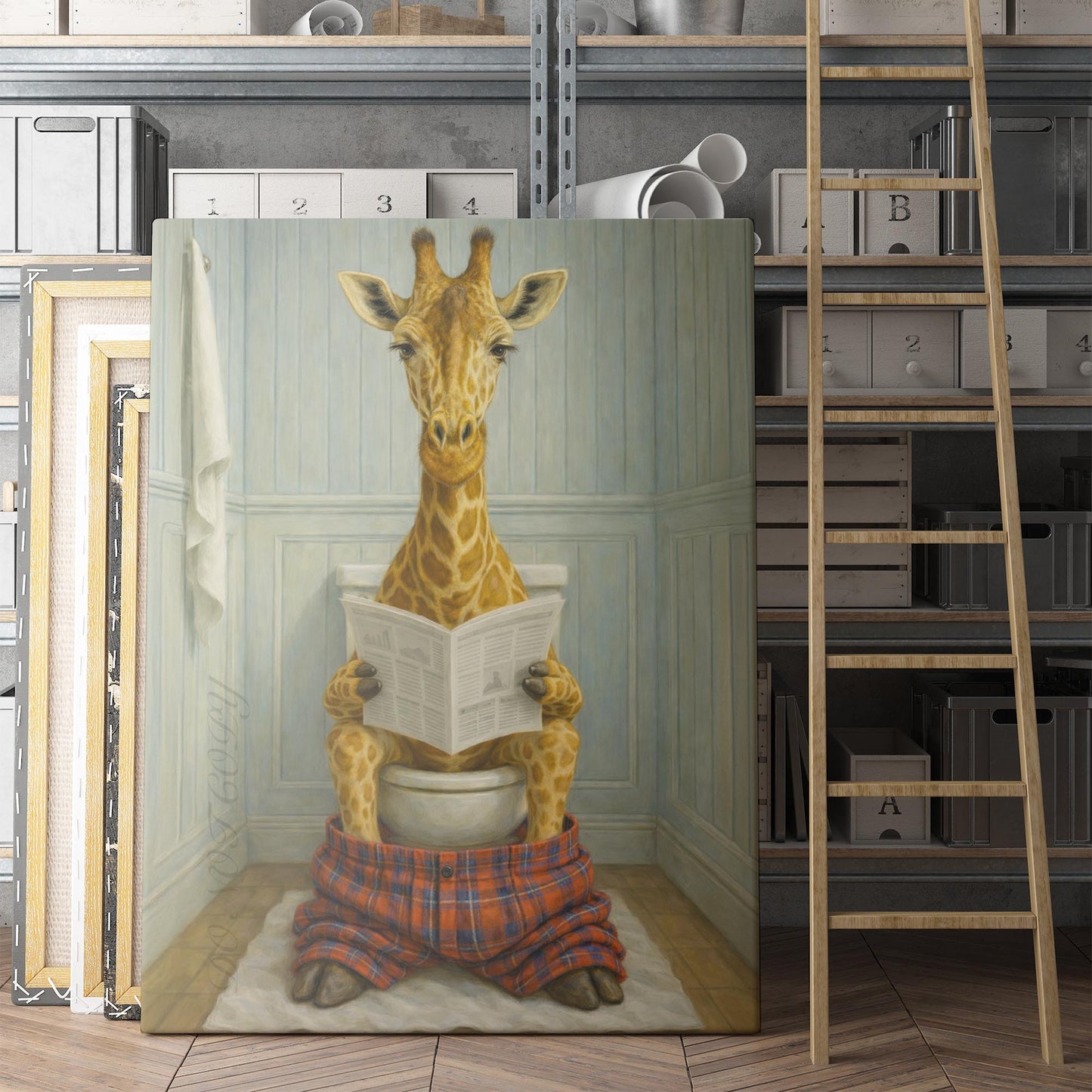 Giraffe Reading The Newspaper On The Toilet