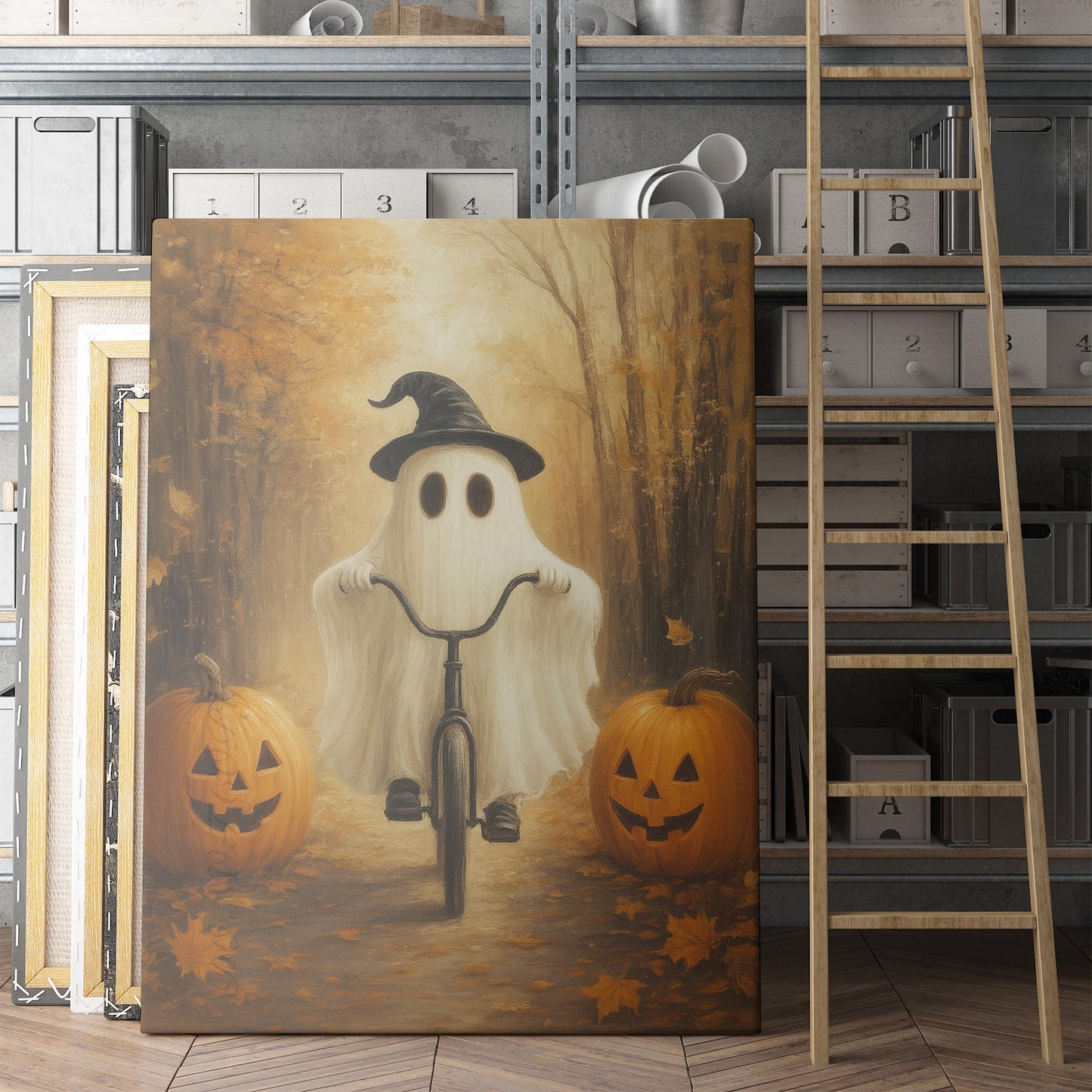 Ghost Riding A Bicycle With Pumpkins