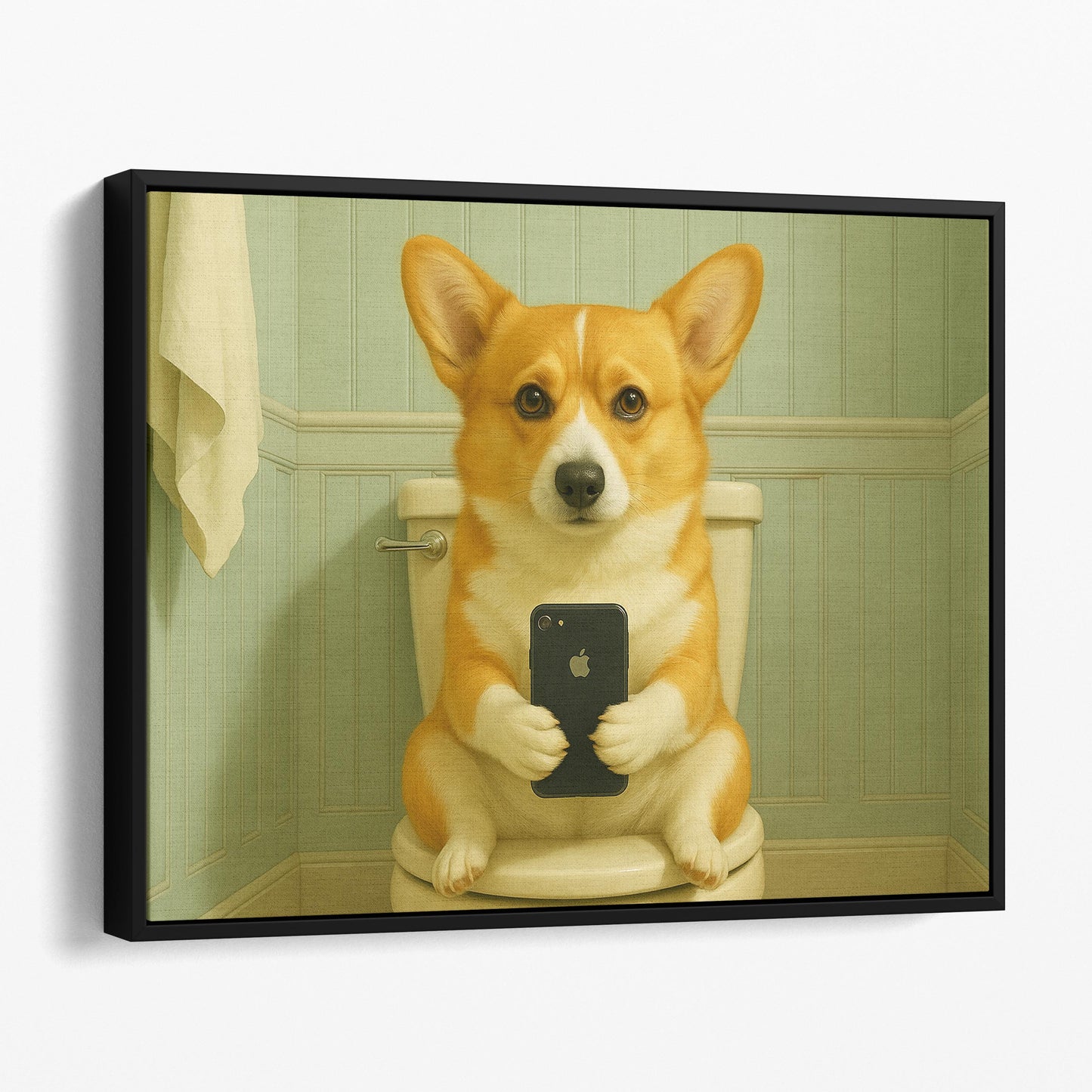 Corgi Dog On The Phone On The Toilet