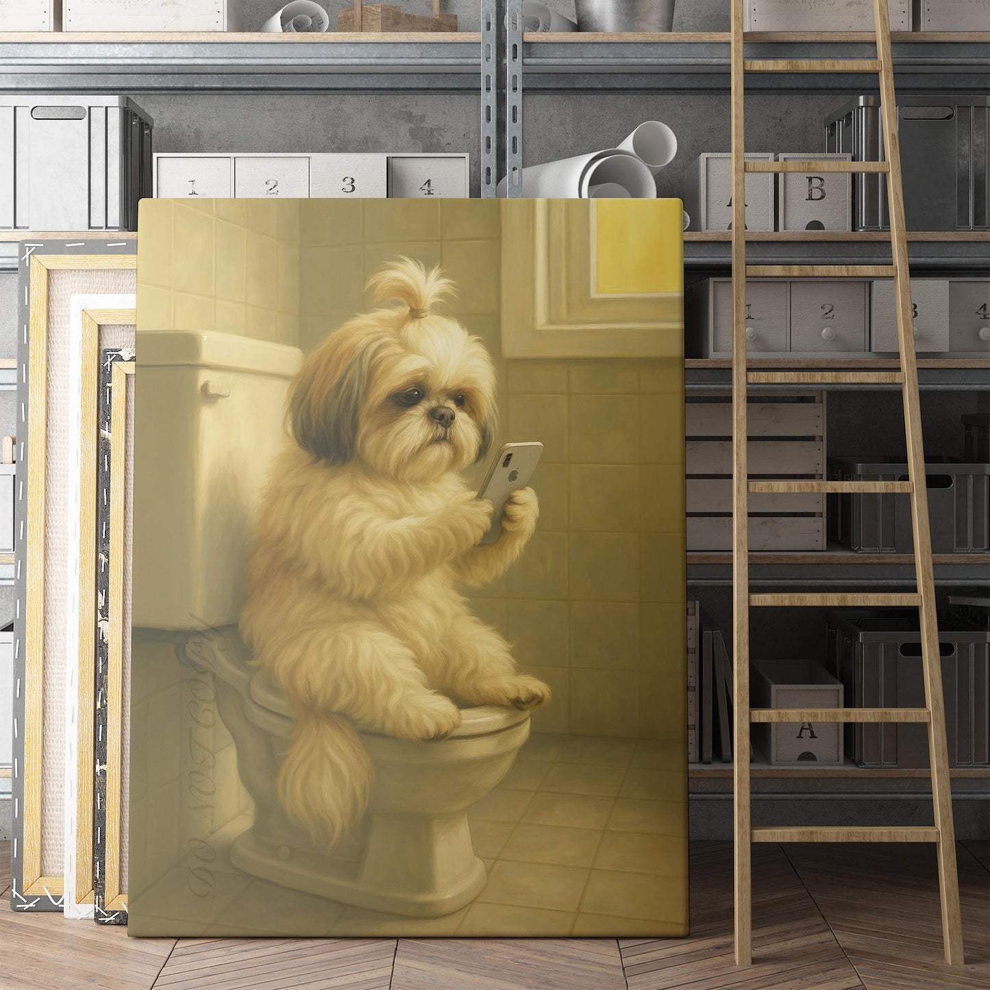 Shih Tzu Dog On The Phone On The Toilet