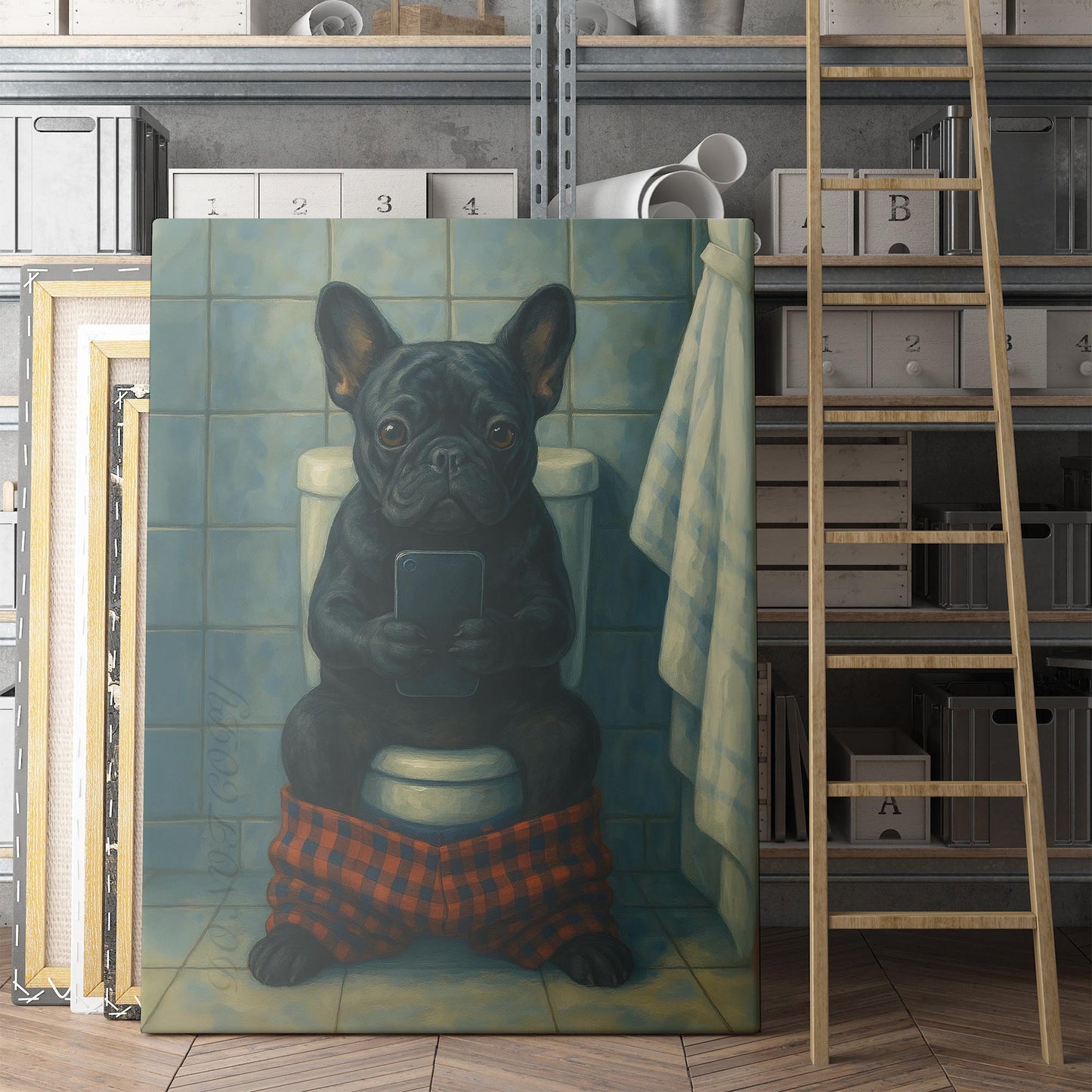 French Bulldog On The Phone On The Toilet