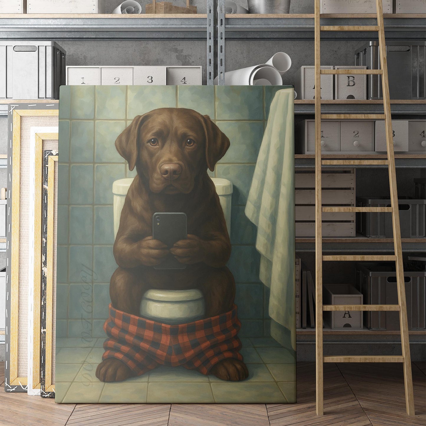 Chocolate Labrador Retriever Dog On The Phone On The Toilet