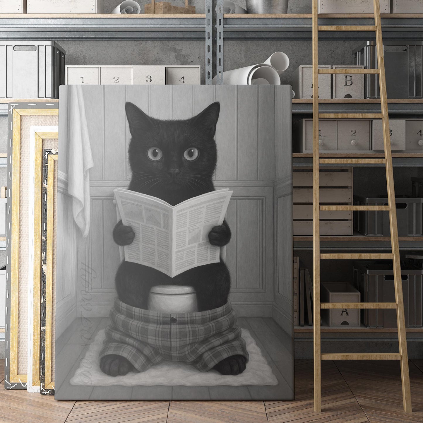 Black Cat Reading The Newspaper On The Toilet