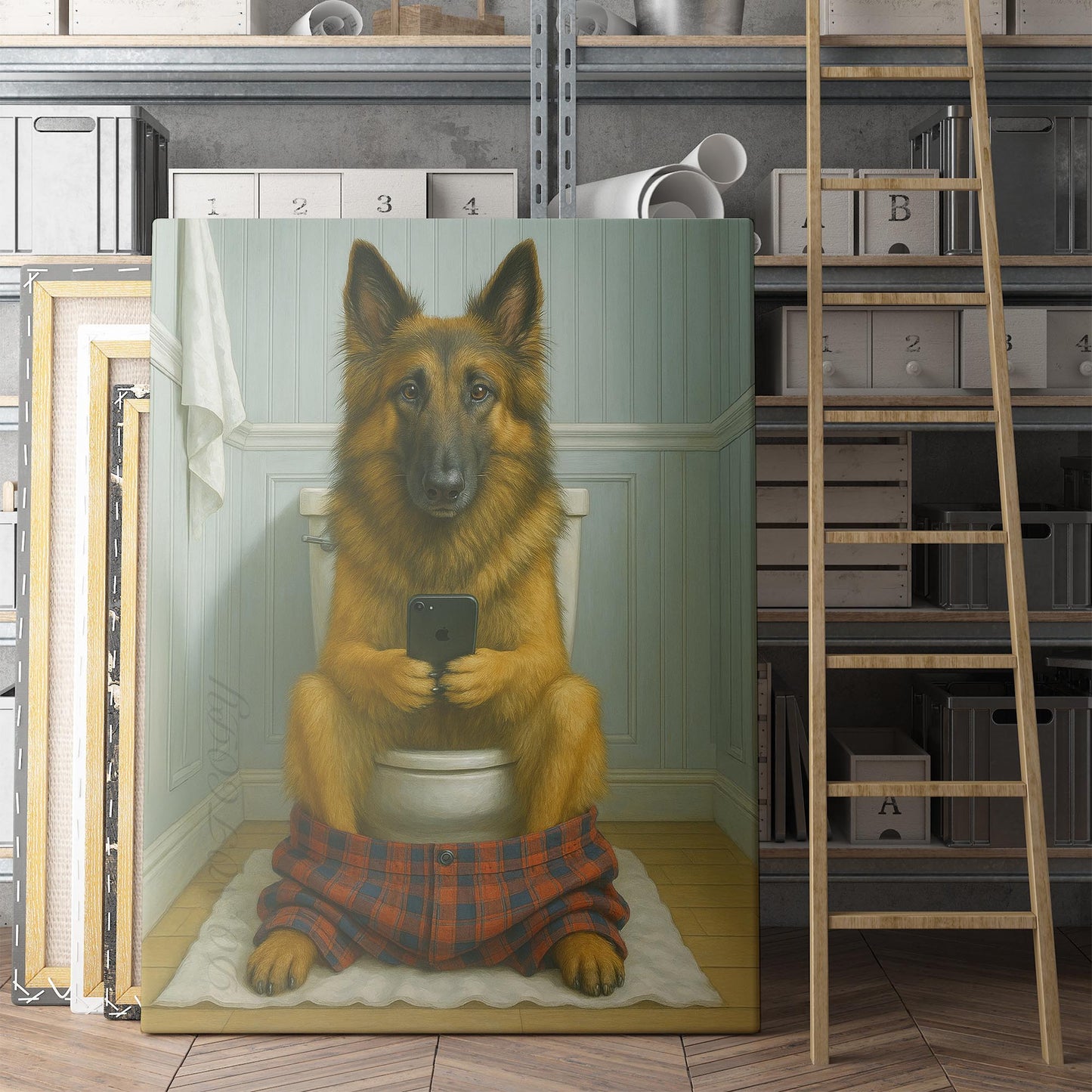 Belgian Tervuren Dog On The Phone On The Toilet