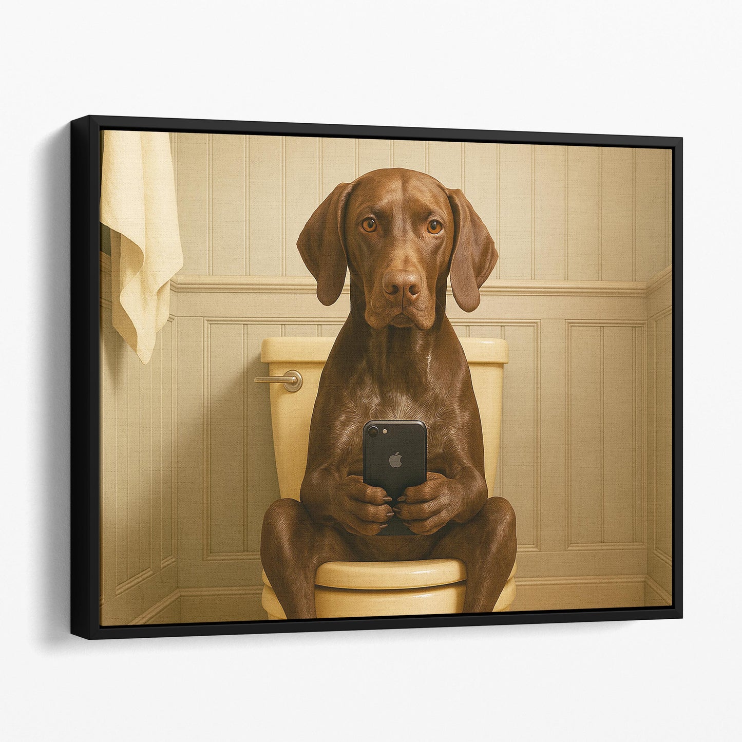 German Short Haired Pointer Dog On The Phone On The Toilet