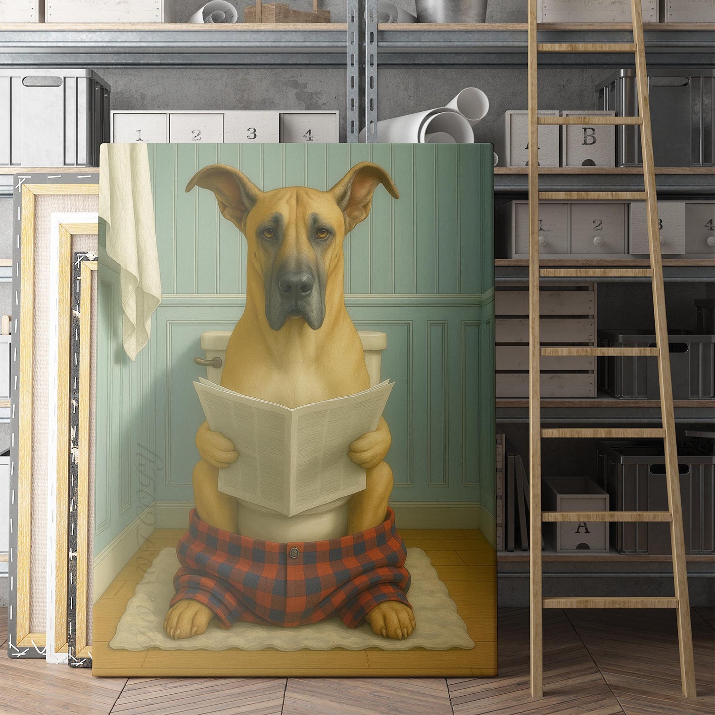Great Dane Dog Reading The Newspaper On The Toilet