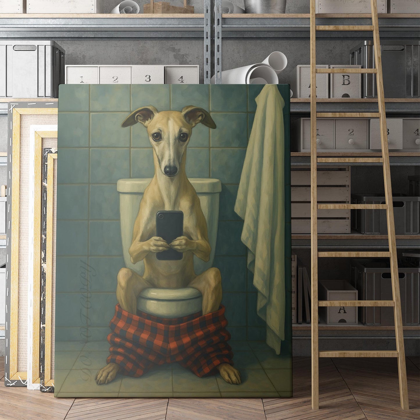 Whippet Dog On The Phone On The Toilet