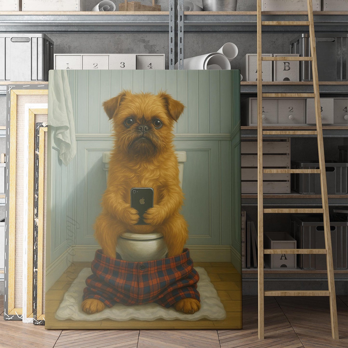 Brussels Griffon Dog On The Phone On The Toilet