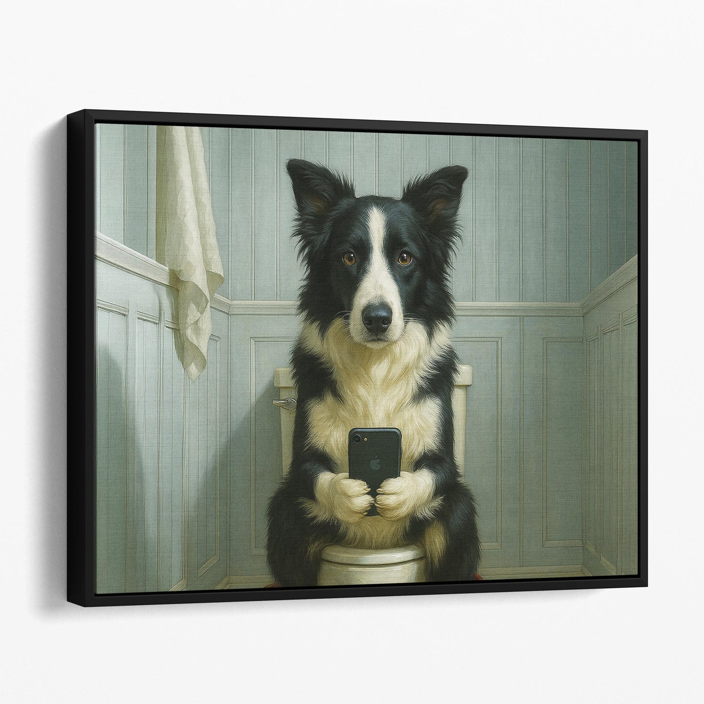 Border Collie Dog On The Phone On The Toilet