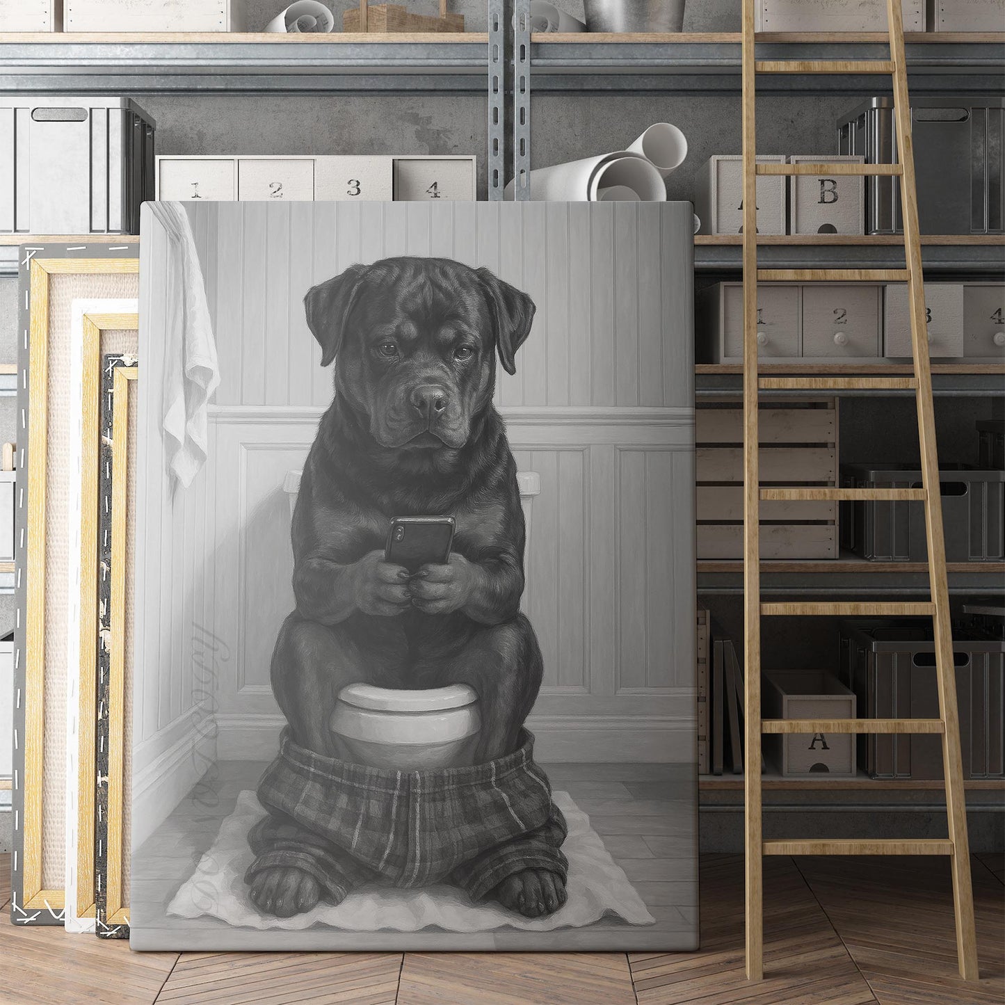 Rottweiler Dog On The Phone On The Toilet