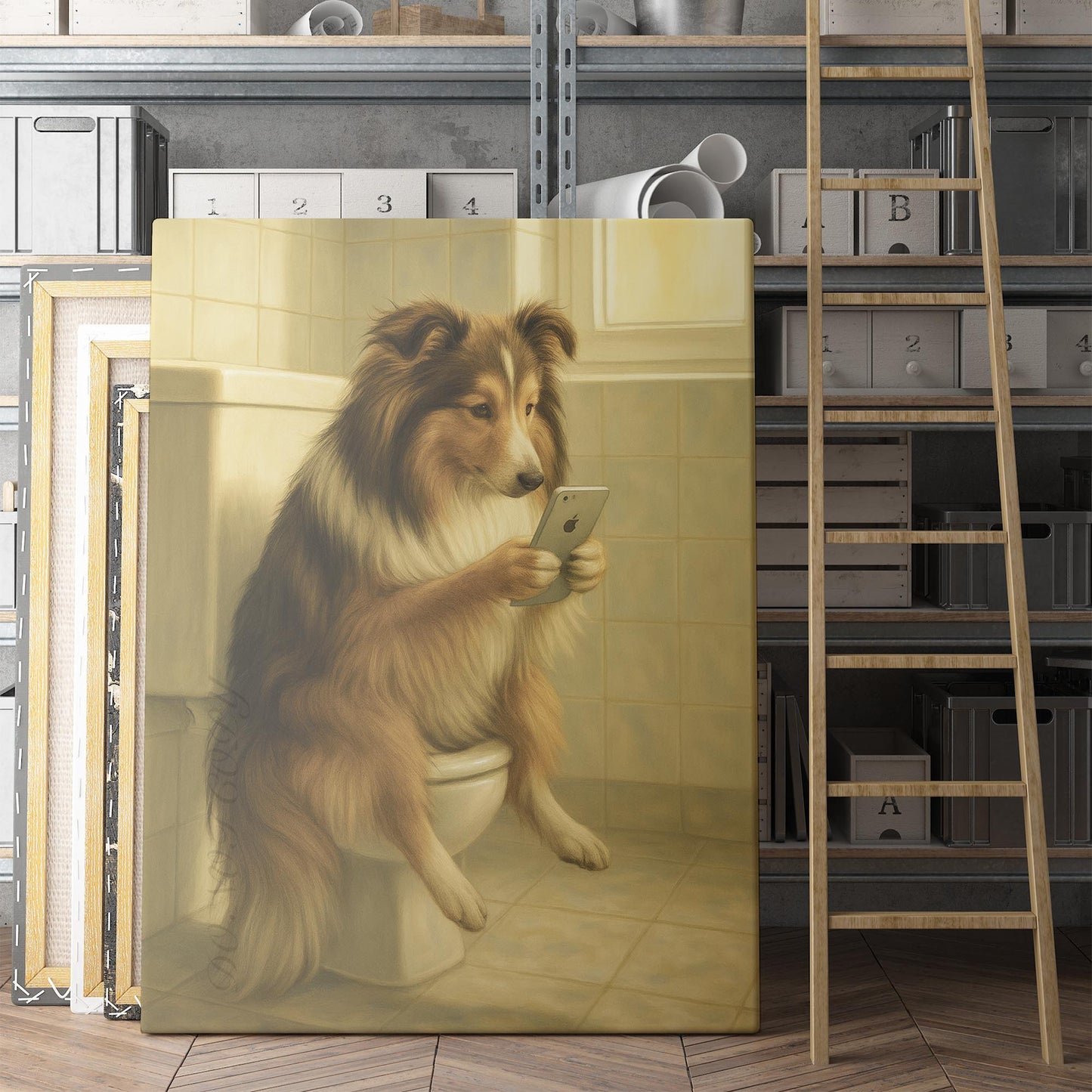 Shetland Sheepdog On The Phone On The Toilet