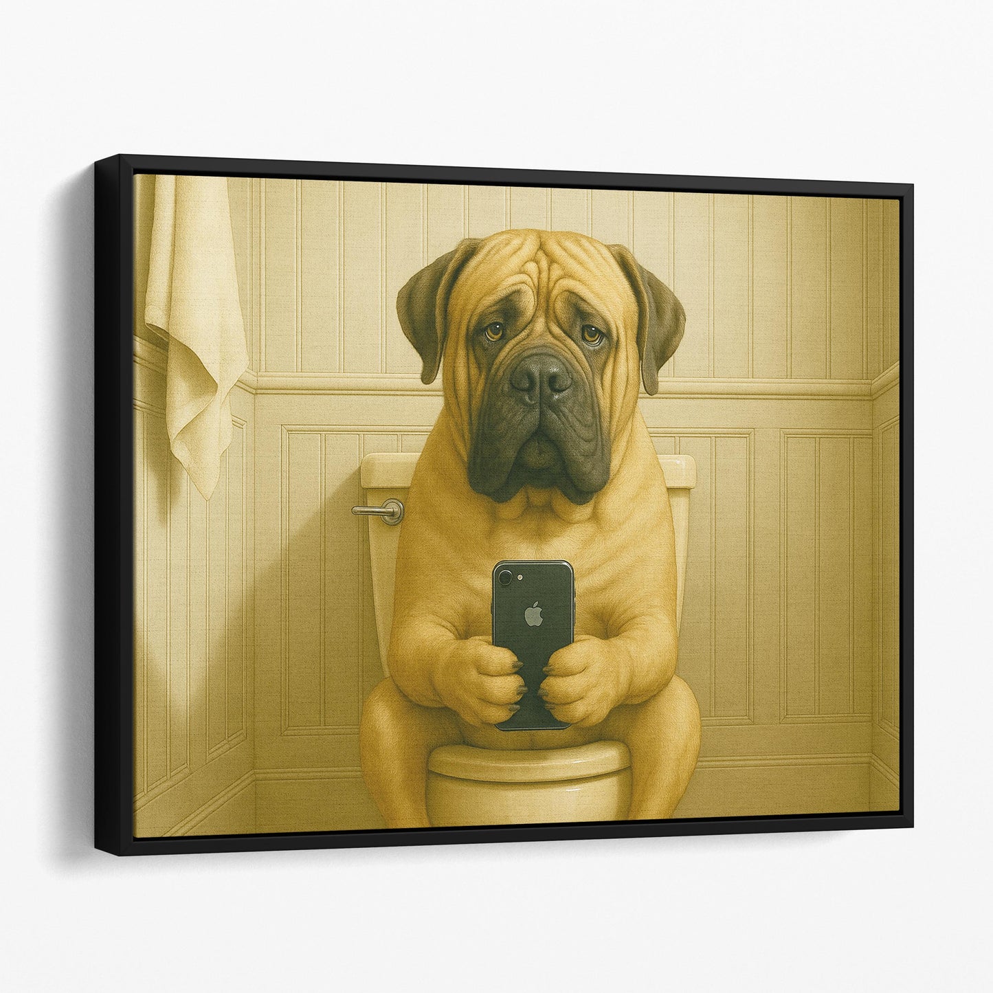 Mastiff Dog On The Phone On The Toilet