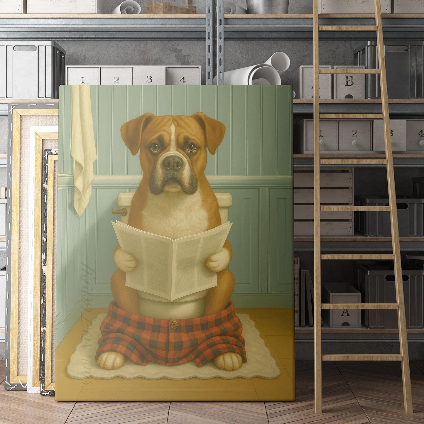 Boxer Dog Reading The Newspaper On The Toilet