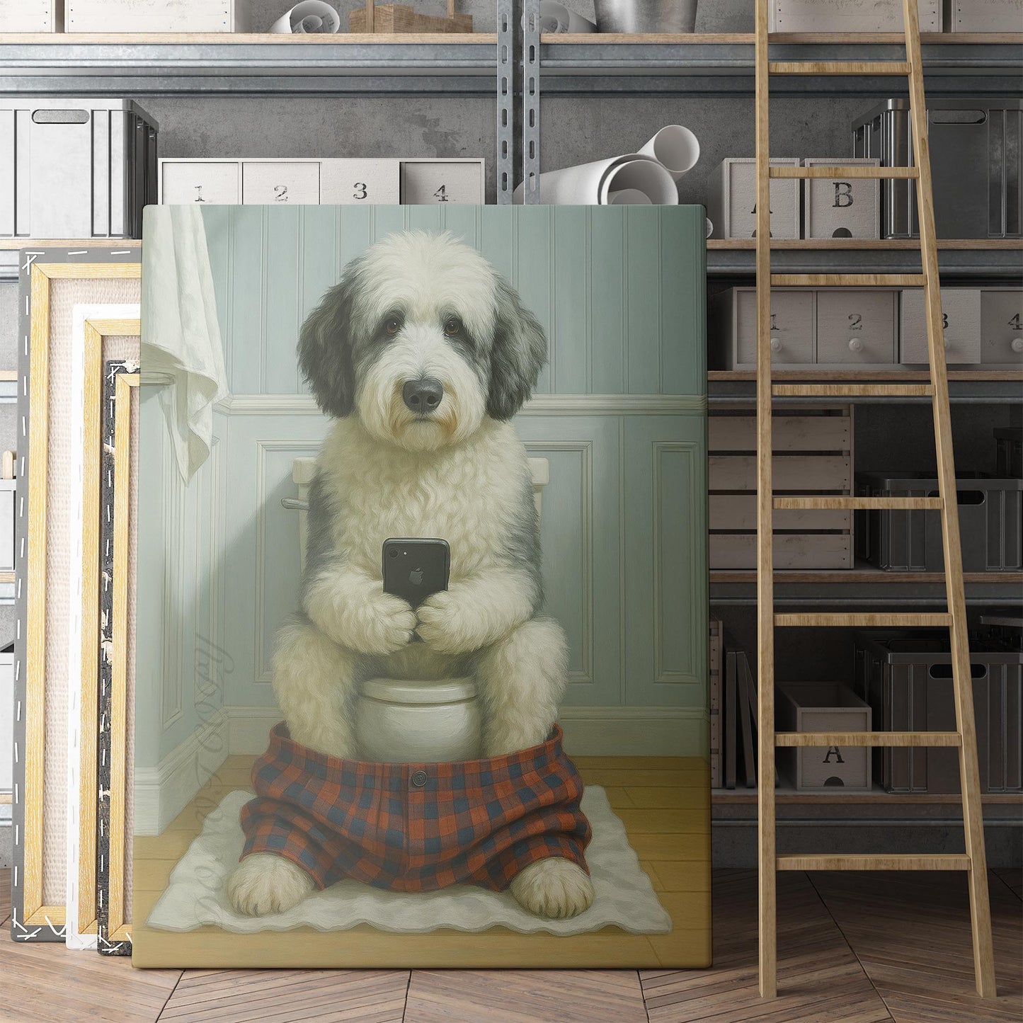 Sheepadoodle Dog On The Phone On The Toilet