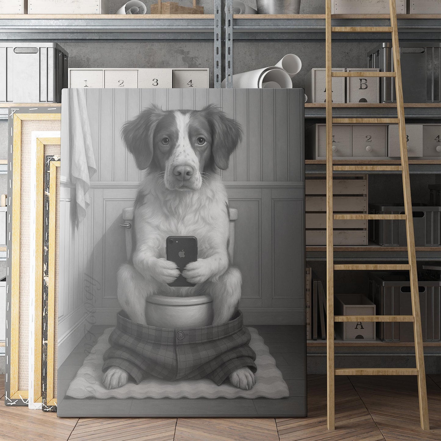 Brittany Dog On The Phone On The Toilet