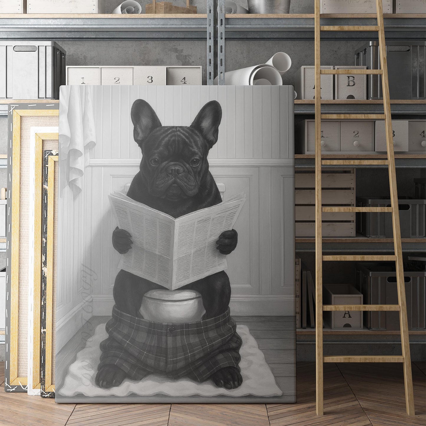 French Bulldog Reading The Newspaper On The Toilet