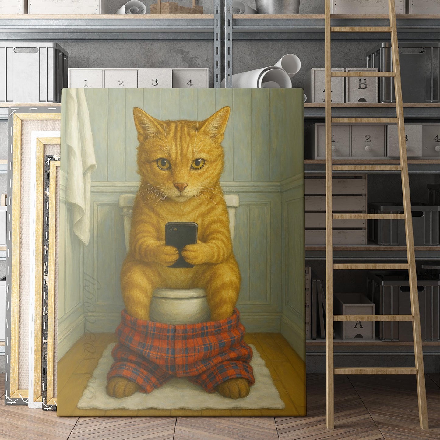 Cat On The Phone On The Toilet