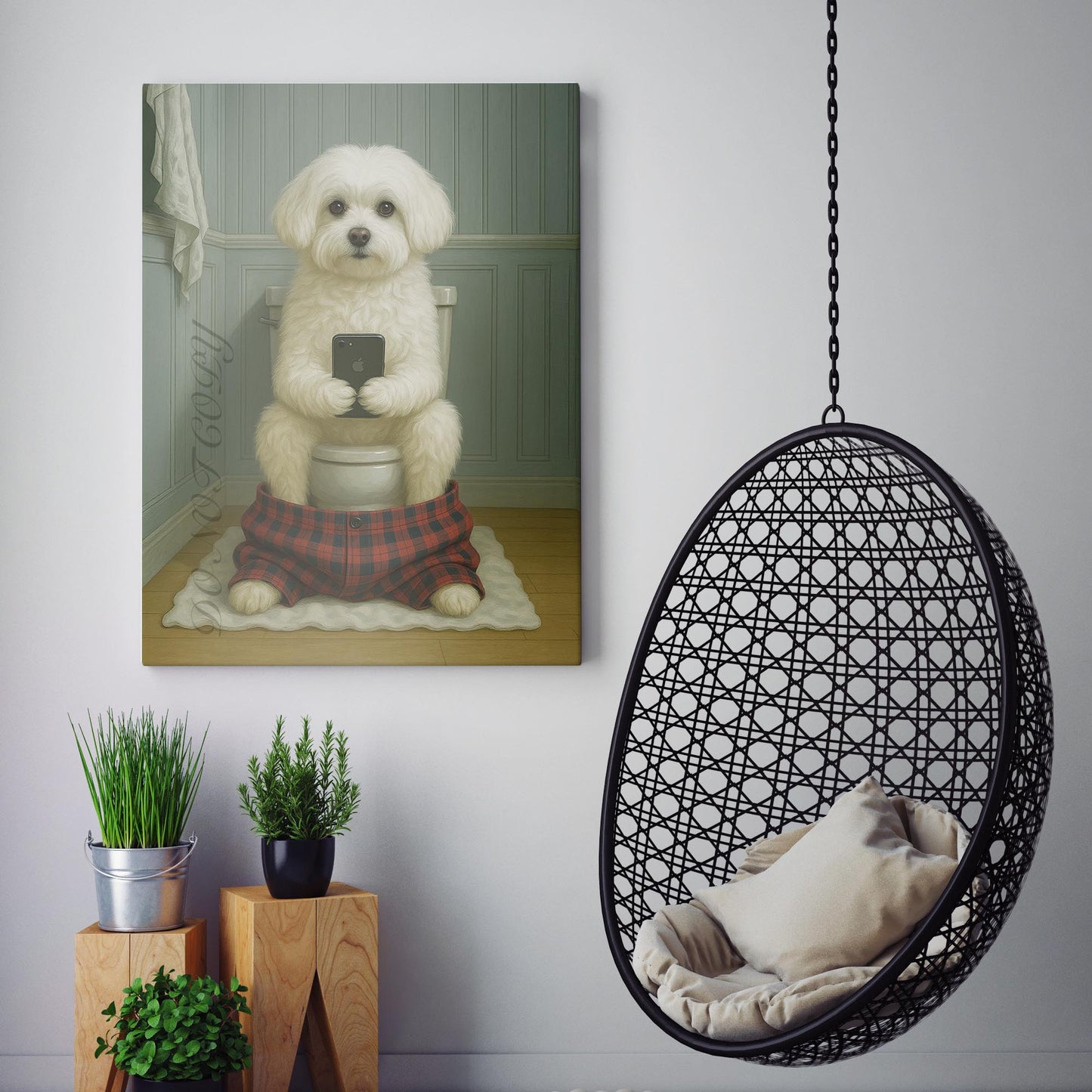 Maltese Dog On The Phone On The Toilet