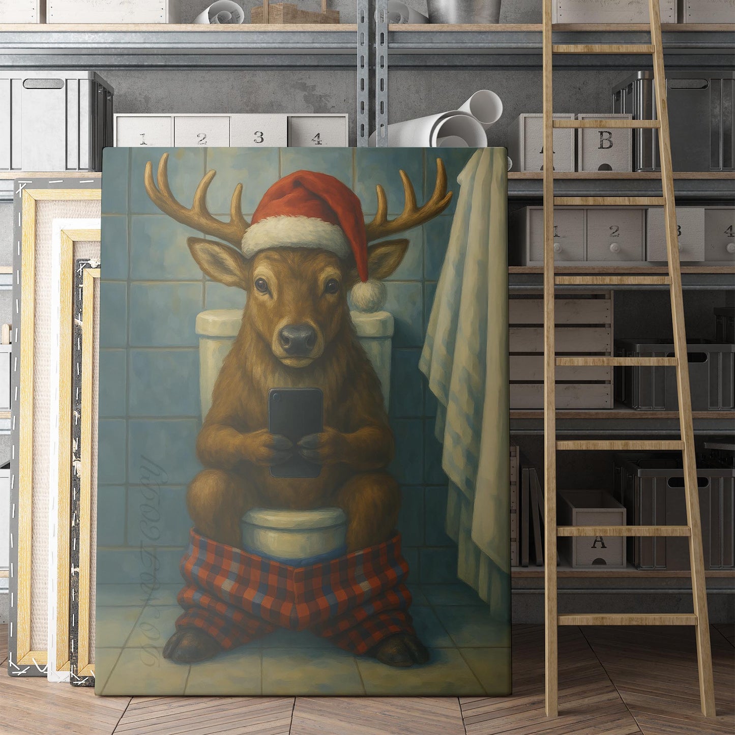 Reindeer On The Phone On The Toilet