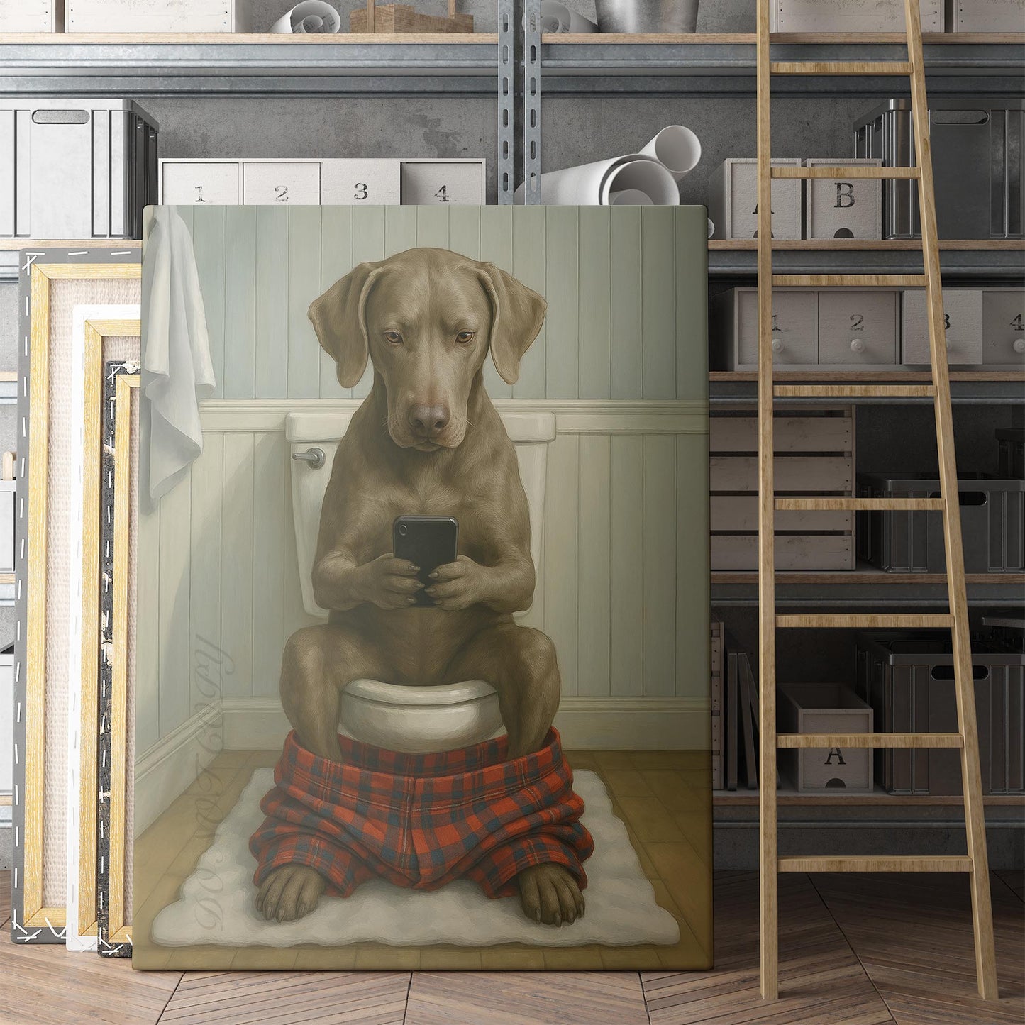 Weimaraner Dog On The Phone On The Toilet
