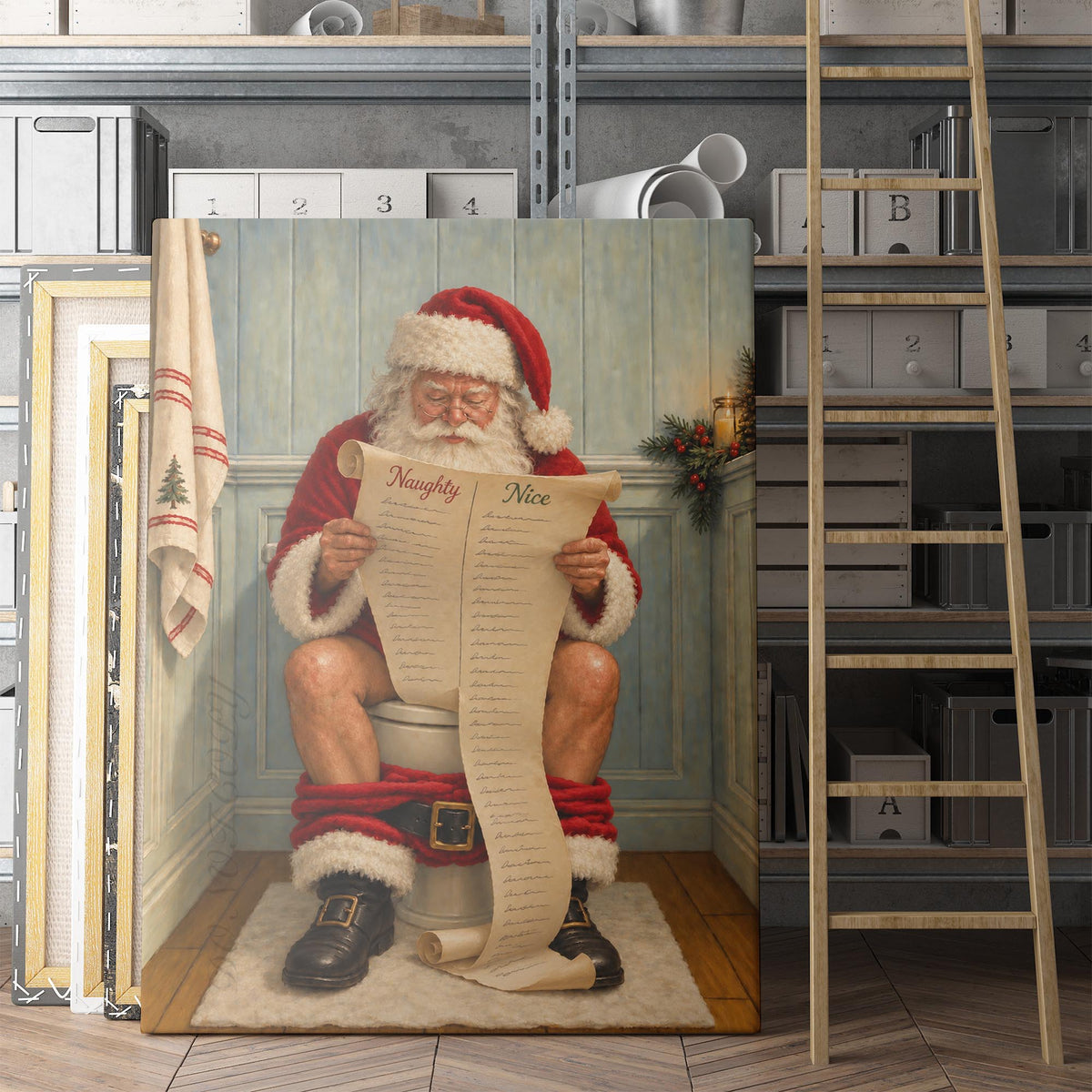 Santa Claus Reading The Naughty & Nice List On The Toilet