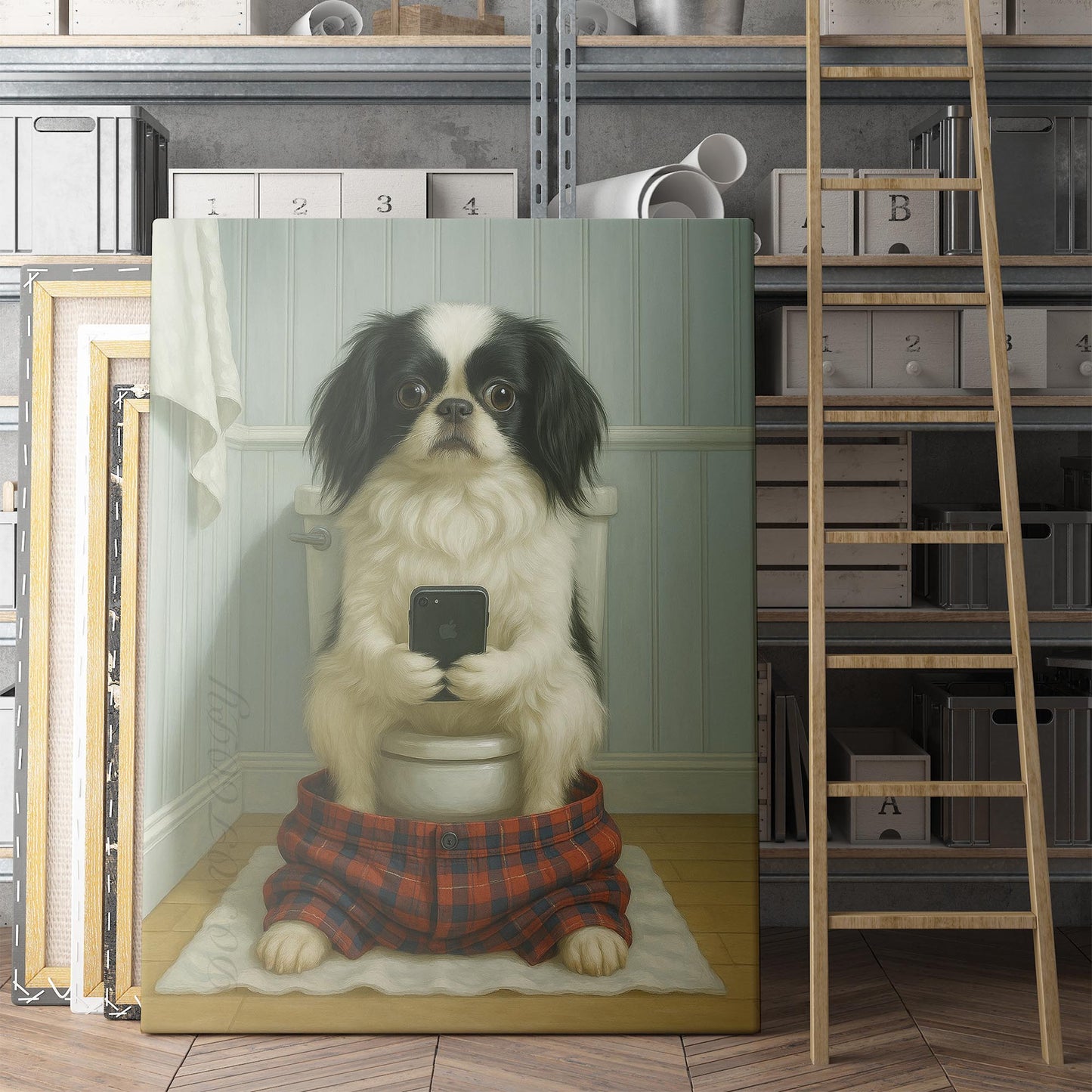 Japanese Chin Dog On The Phone On The Toilet