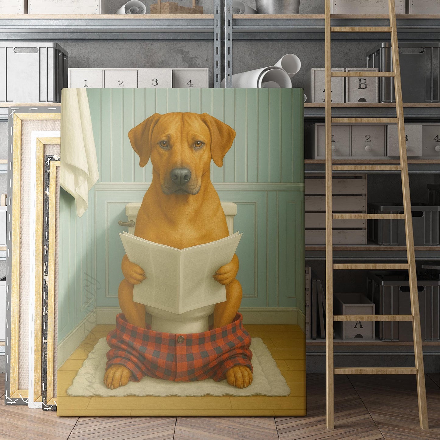 Rhodesian Ridgeback Dog Reading The Newspaper On The Toilet