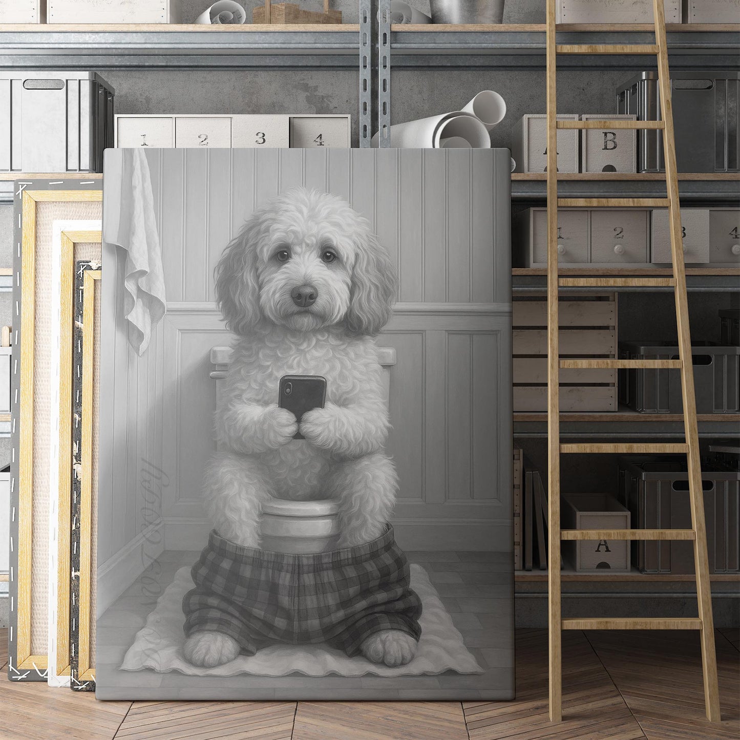 Labradoodle Dog On The Phone On The Toilet