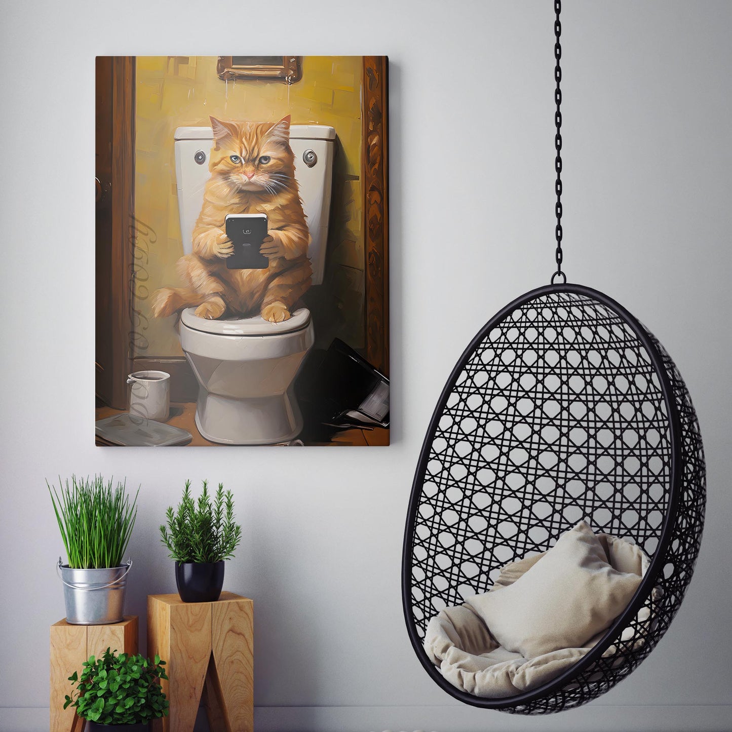 Cat On Phone On The Toilet