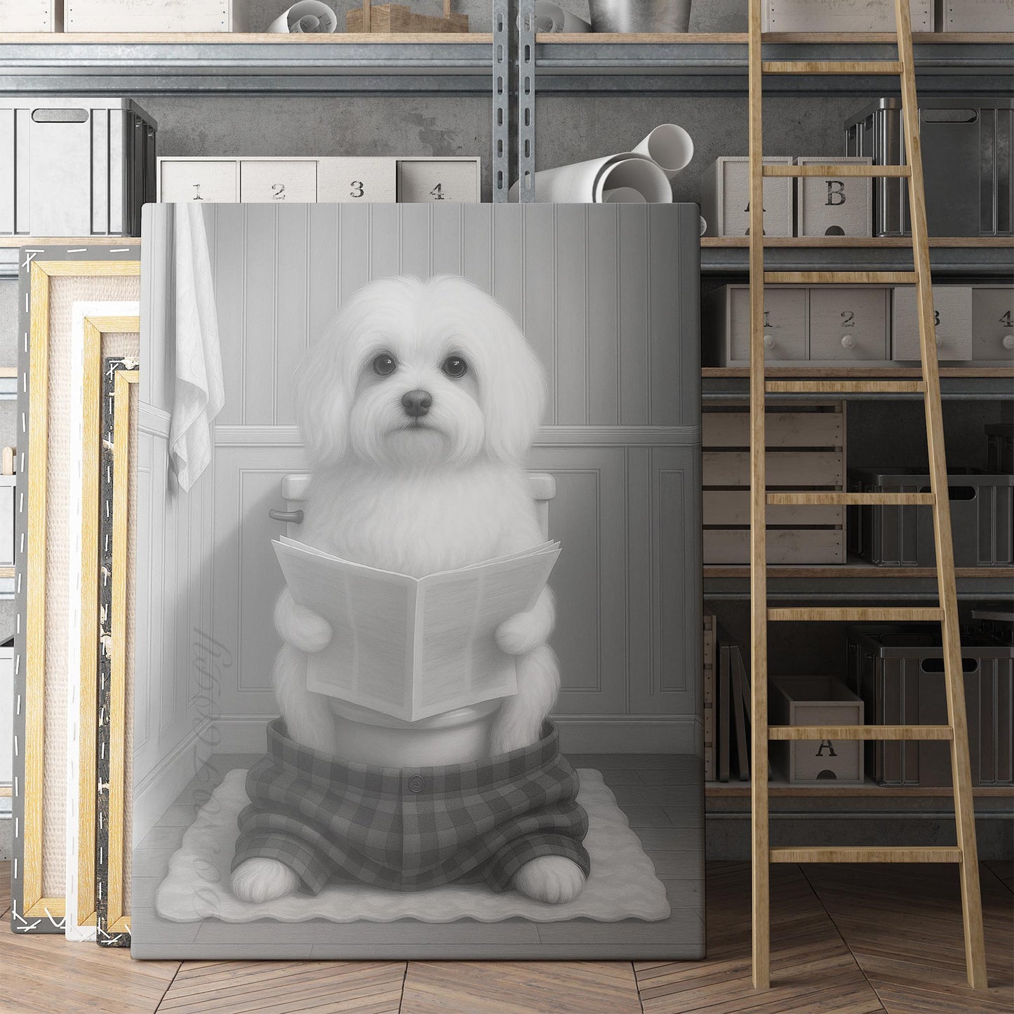 Maltese Dog Reading The Newspaper On The Toilet