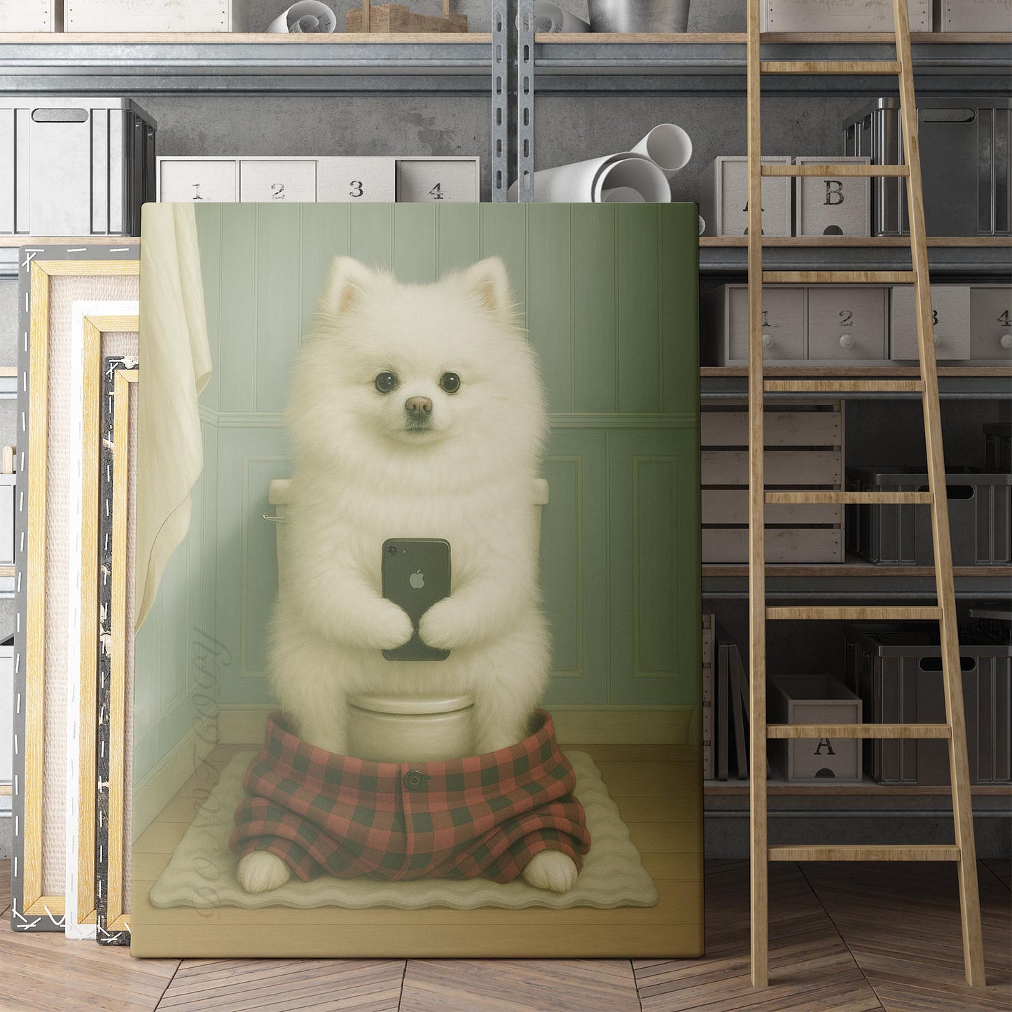 White Pomeranian Dog On The Phone On The Toilet