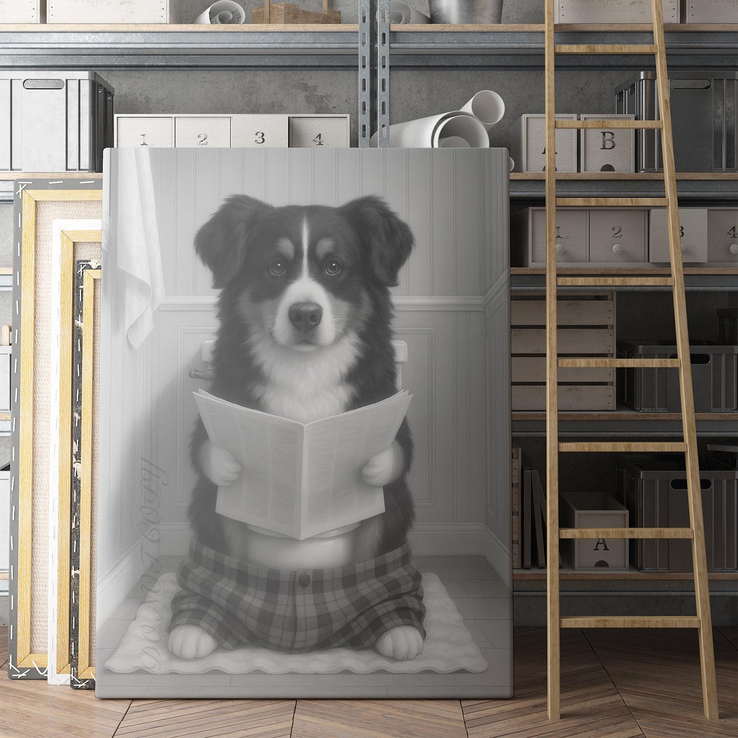 Bernese Mountain Dog Reading The Newspaper On The Toilet