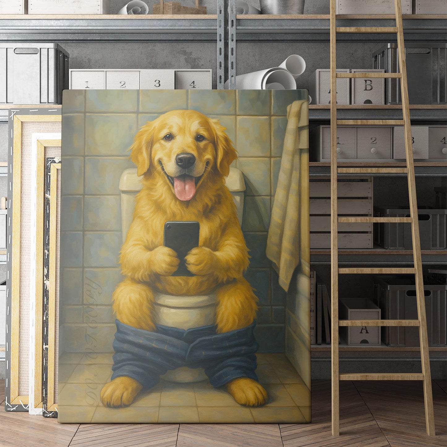 Golden Retriever On The Toilet On The Phone