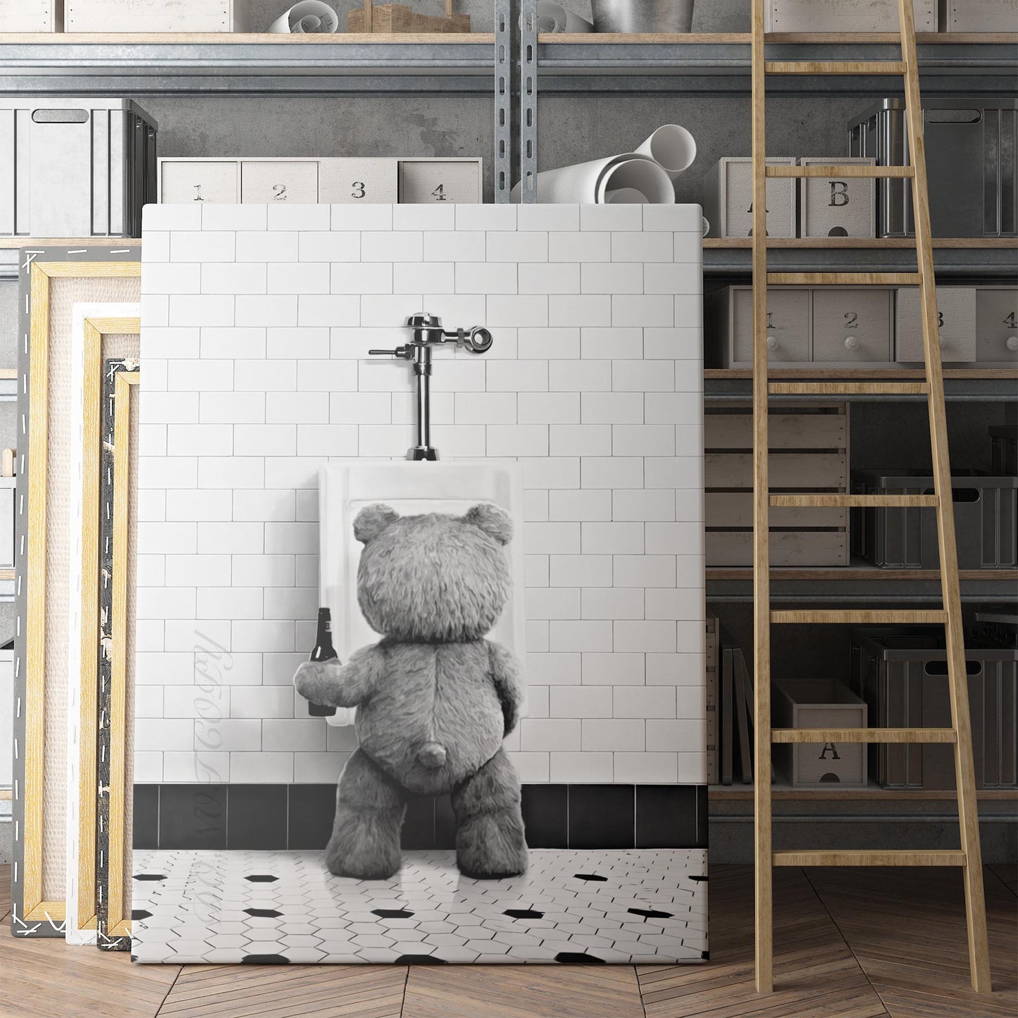 Teddy Bear In The Bathroom With A Beer