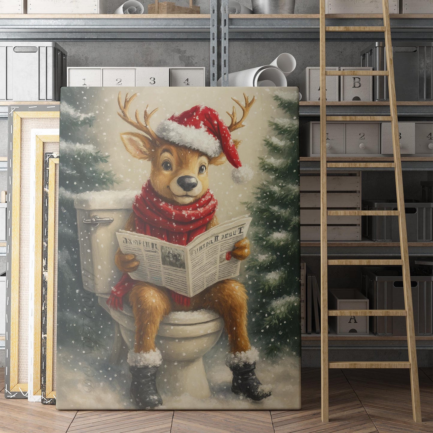 Christmas Reindeer Reading The Newspaper On The Toilet