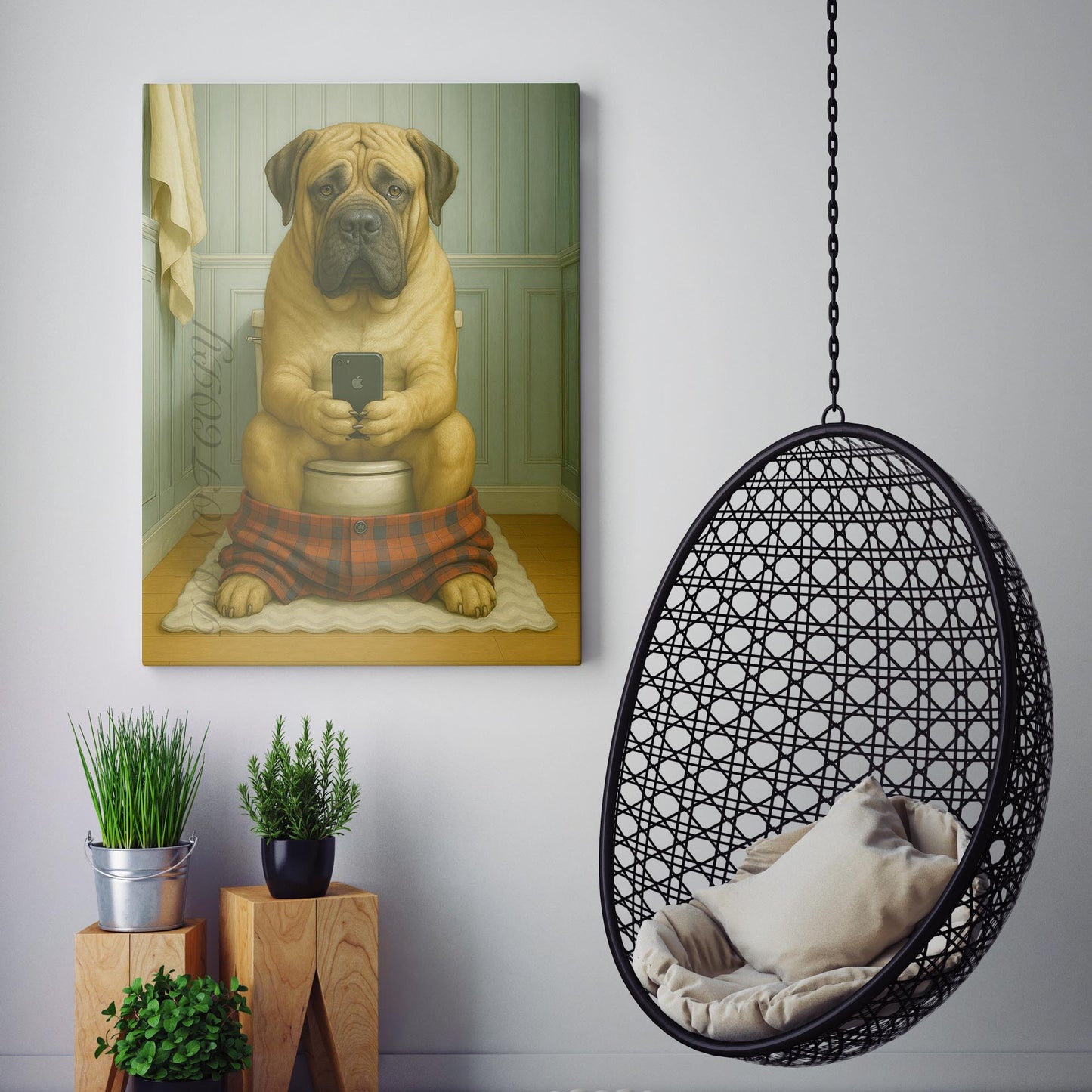 Mastiff Dog On The Phone On The Toilet