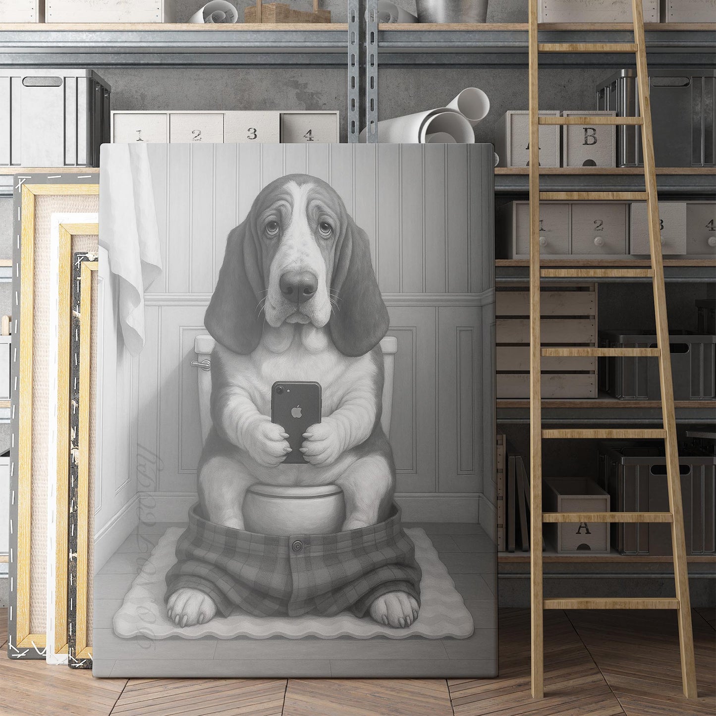 Basset Hound Dog On The Phone On The Toilet