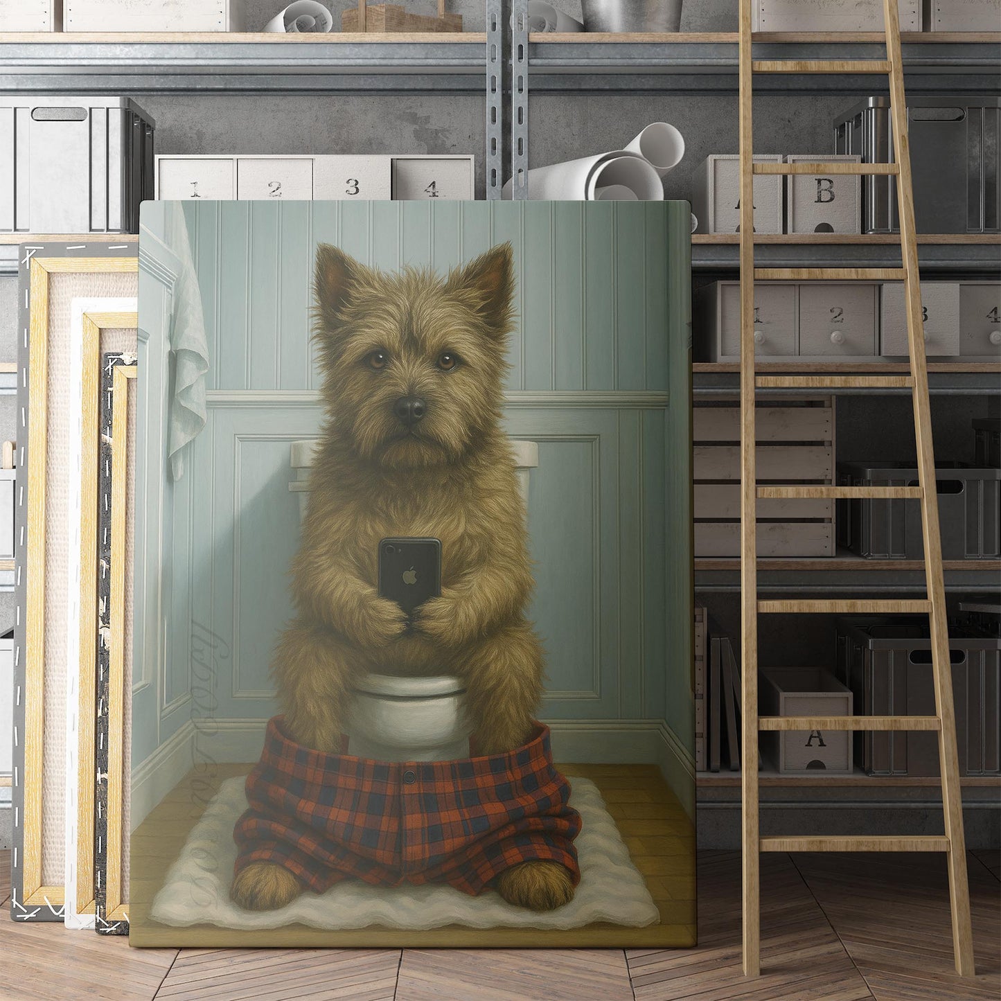 Cairn Terrier Dog On The Phone On The Toilet